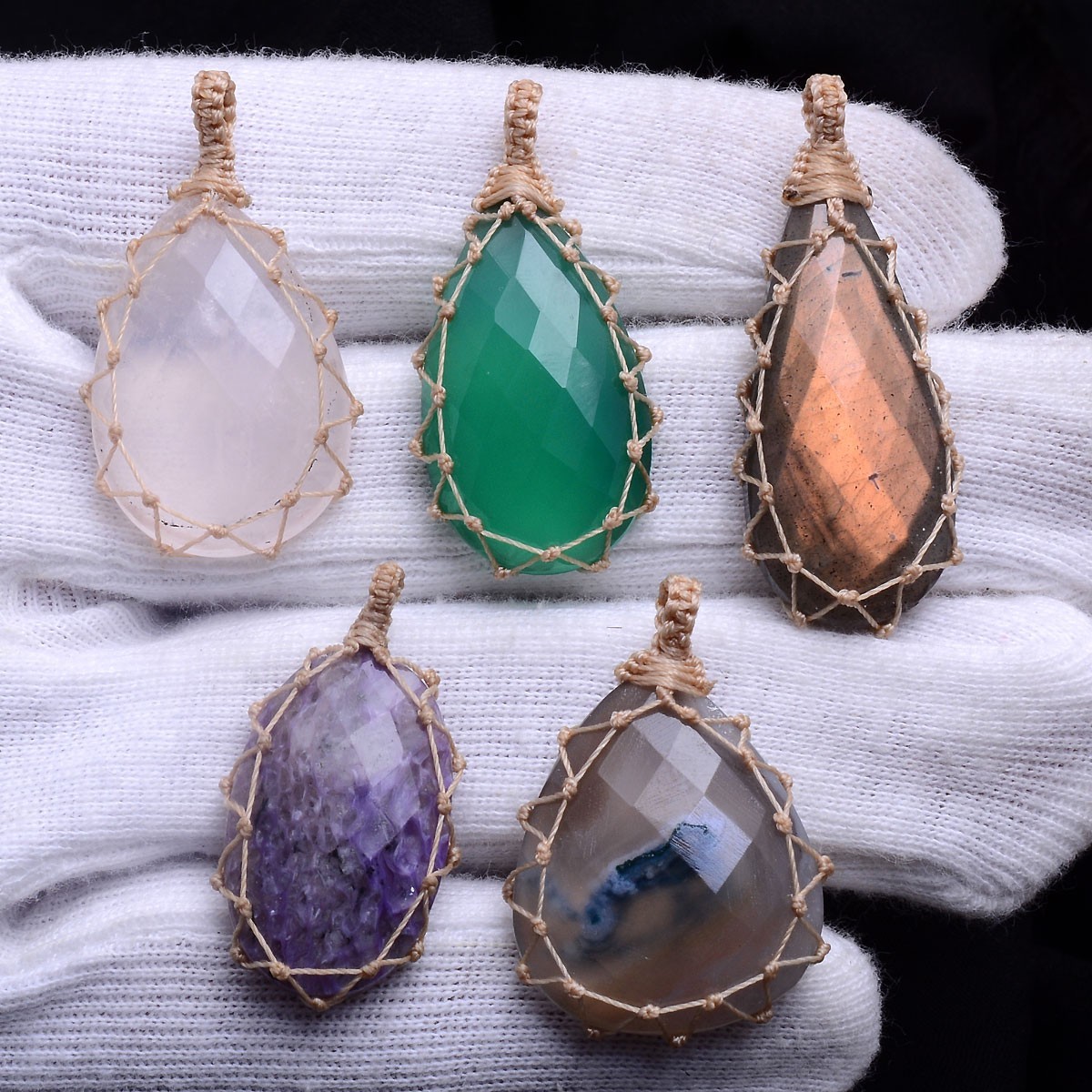 Wholesale 5 Pcs Handmade Natural Mix Gemstones Macrame Healing Crystal Pendants