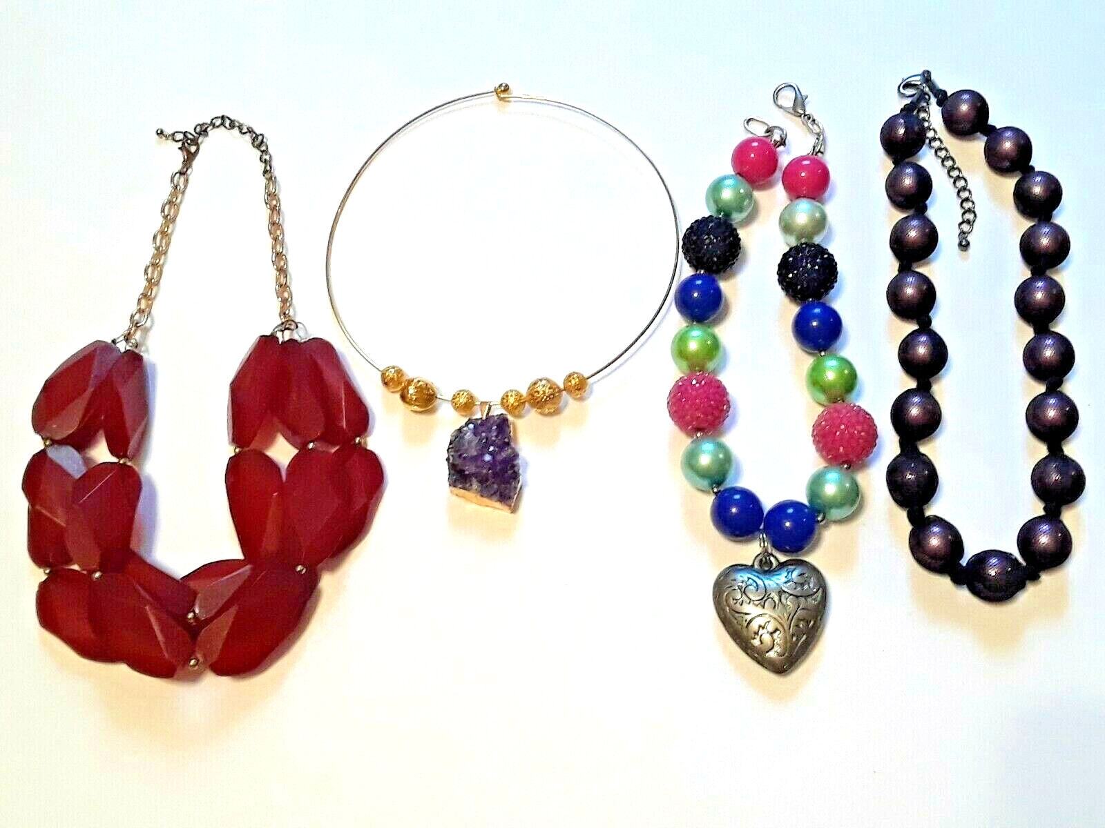Amethyst rock pendant with gold trim, heart. Chunky necklaces with large beads