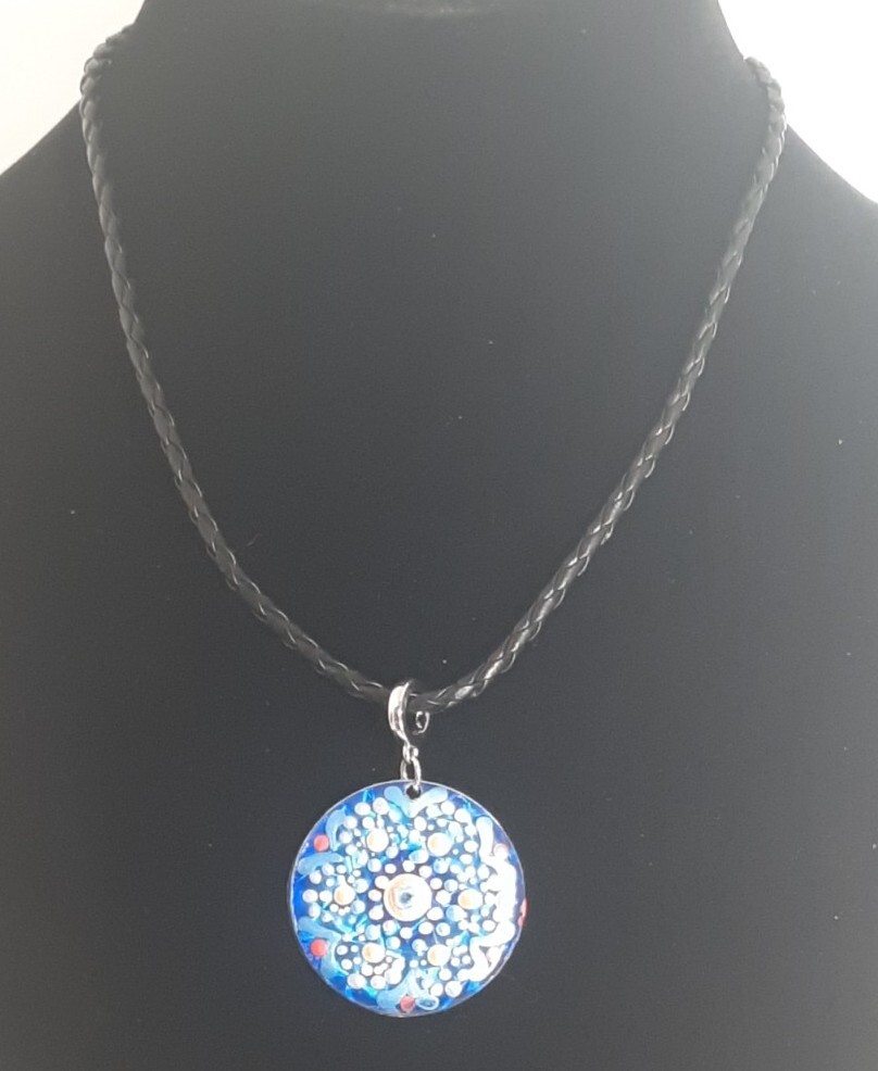 Blue Washer Necklace Acrylic Dot Tech Hand Painted 1 1/2″ Washer 16″ blk Cord