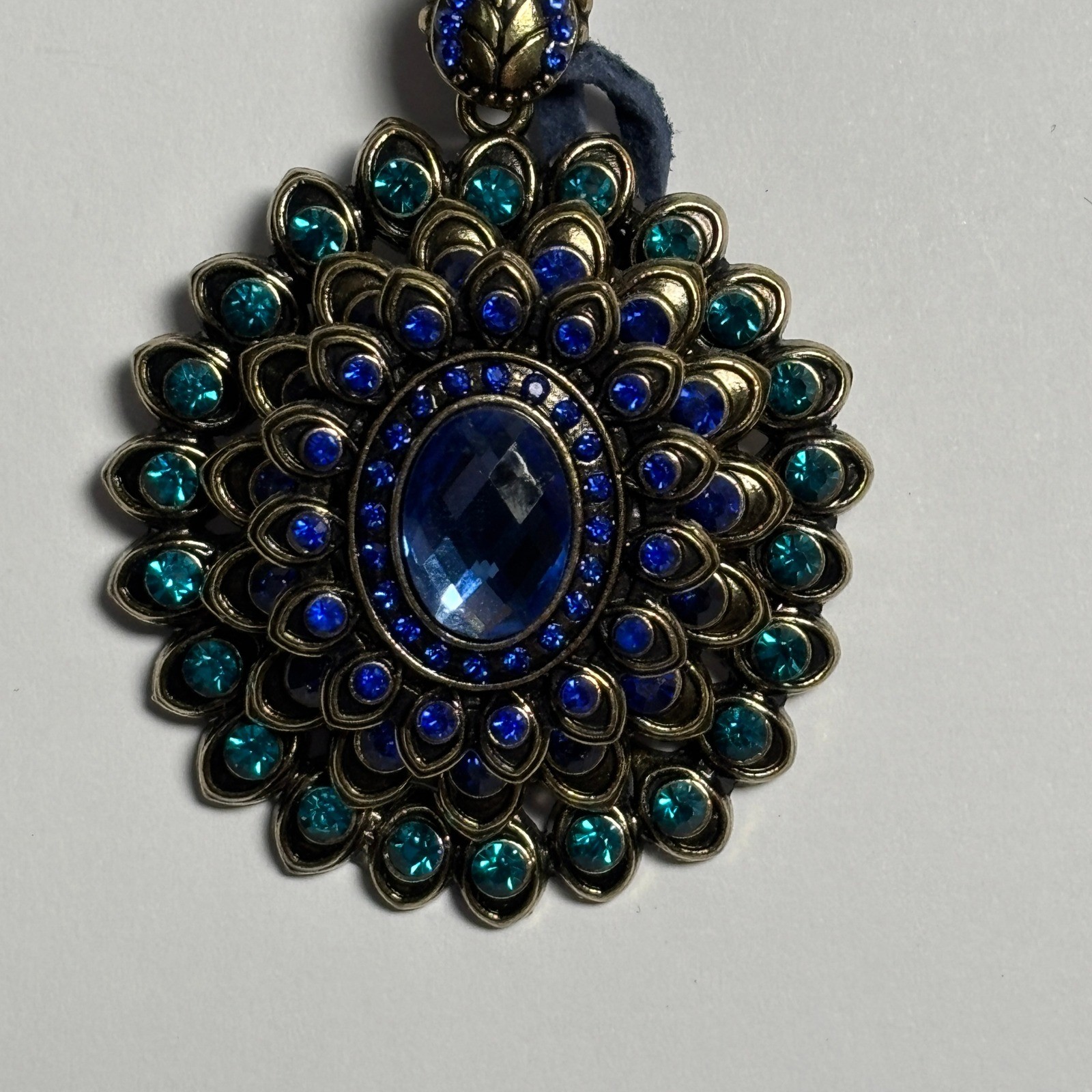 Handmade Medallion Necklace Women OS Blue Teal Rhinestone Beaded Boho Statement