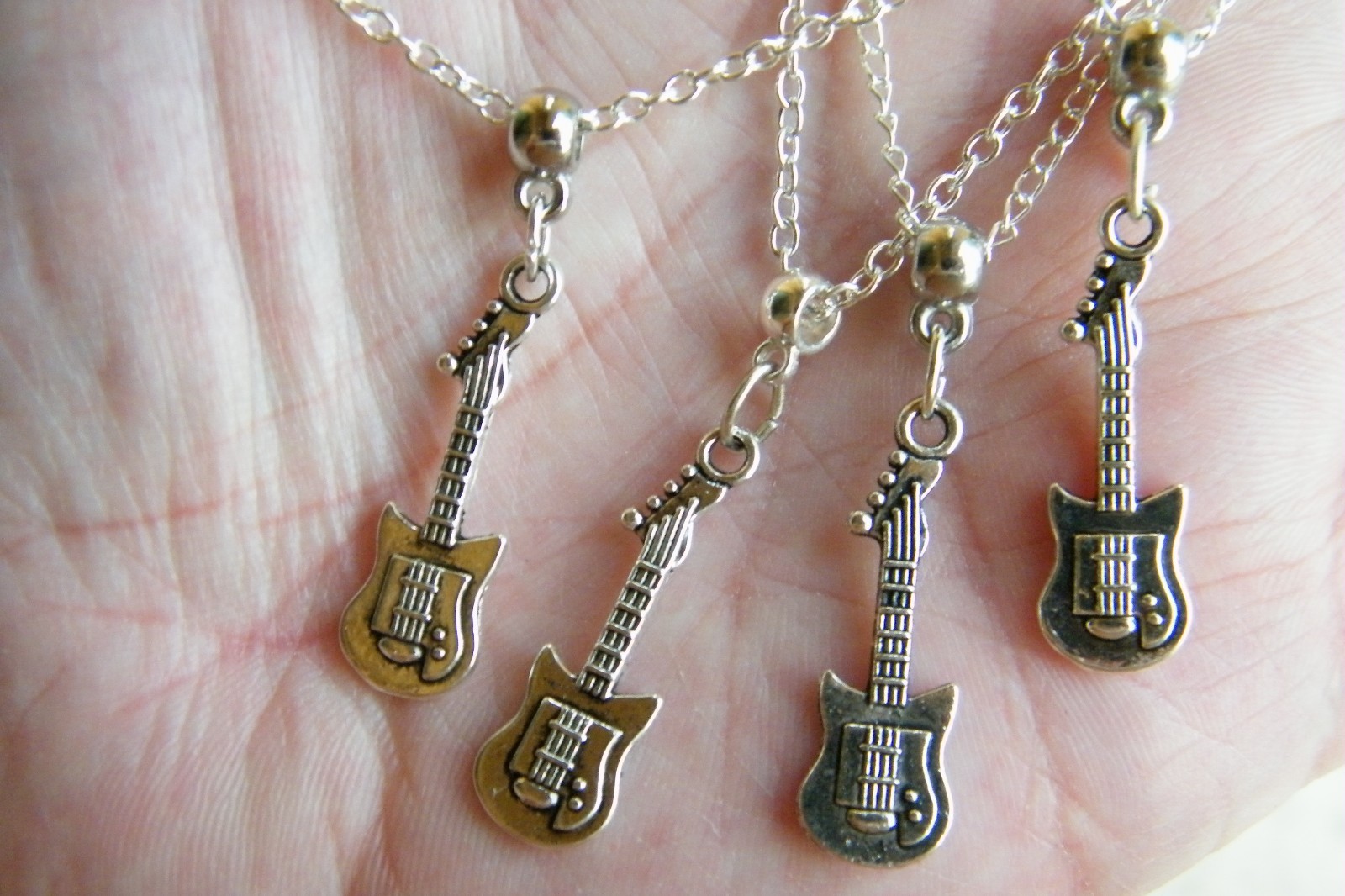 Lot of 4 GUITAR Necklaces ROCK and ROLL Silver BASS Charms 19″-20″ Silver Chains