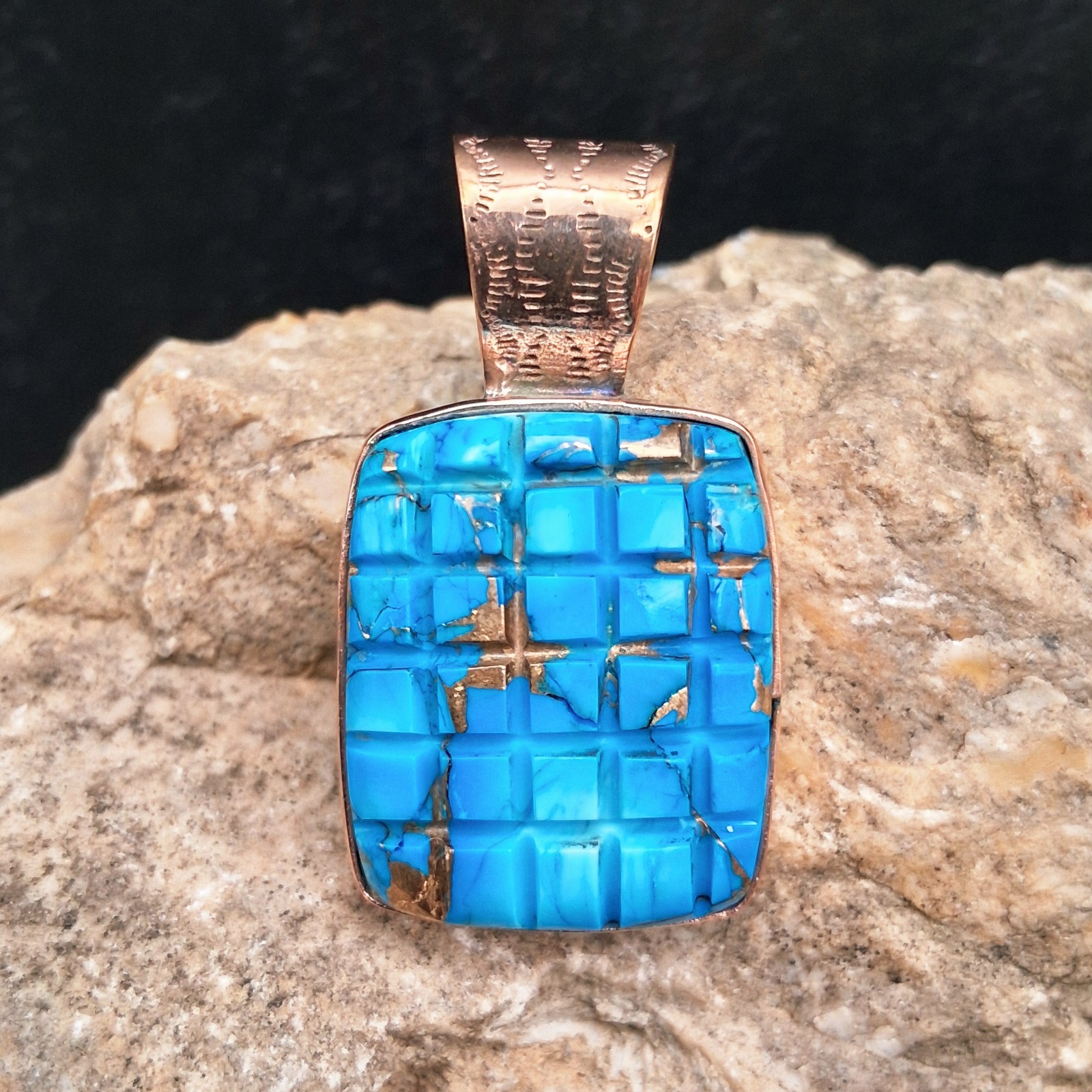 Solid Copper Turquoise Pendant Boho Southwestern Style Blue Matrix Statement