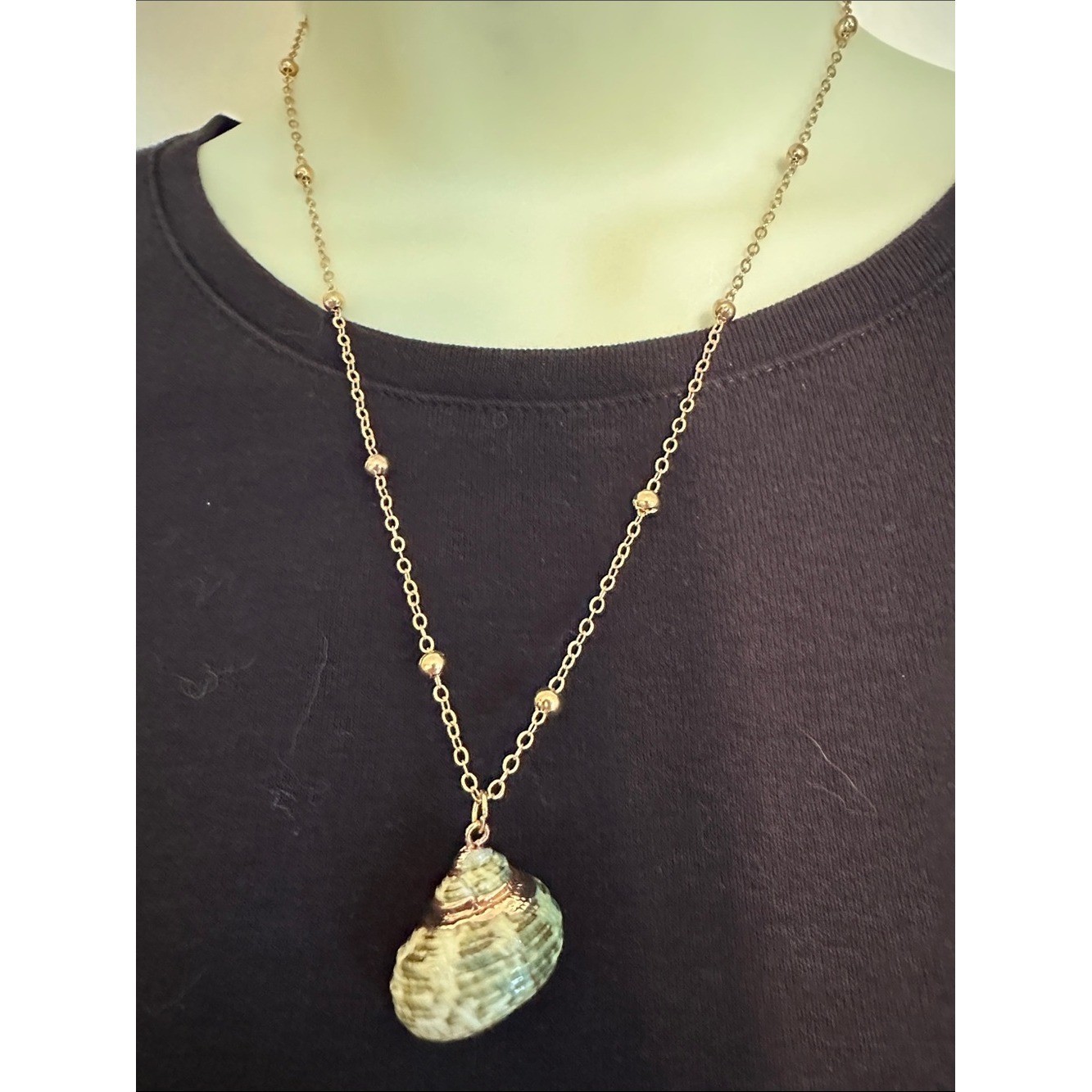 Gold-Tone Green & Cream Shell Pendant Necklace