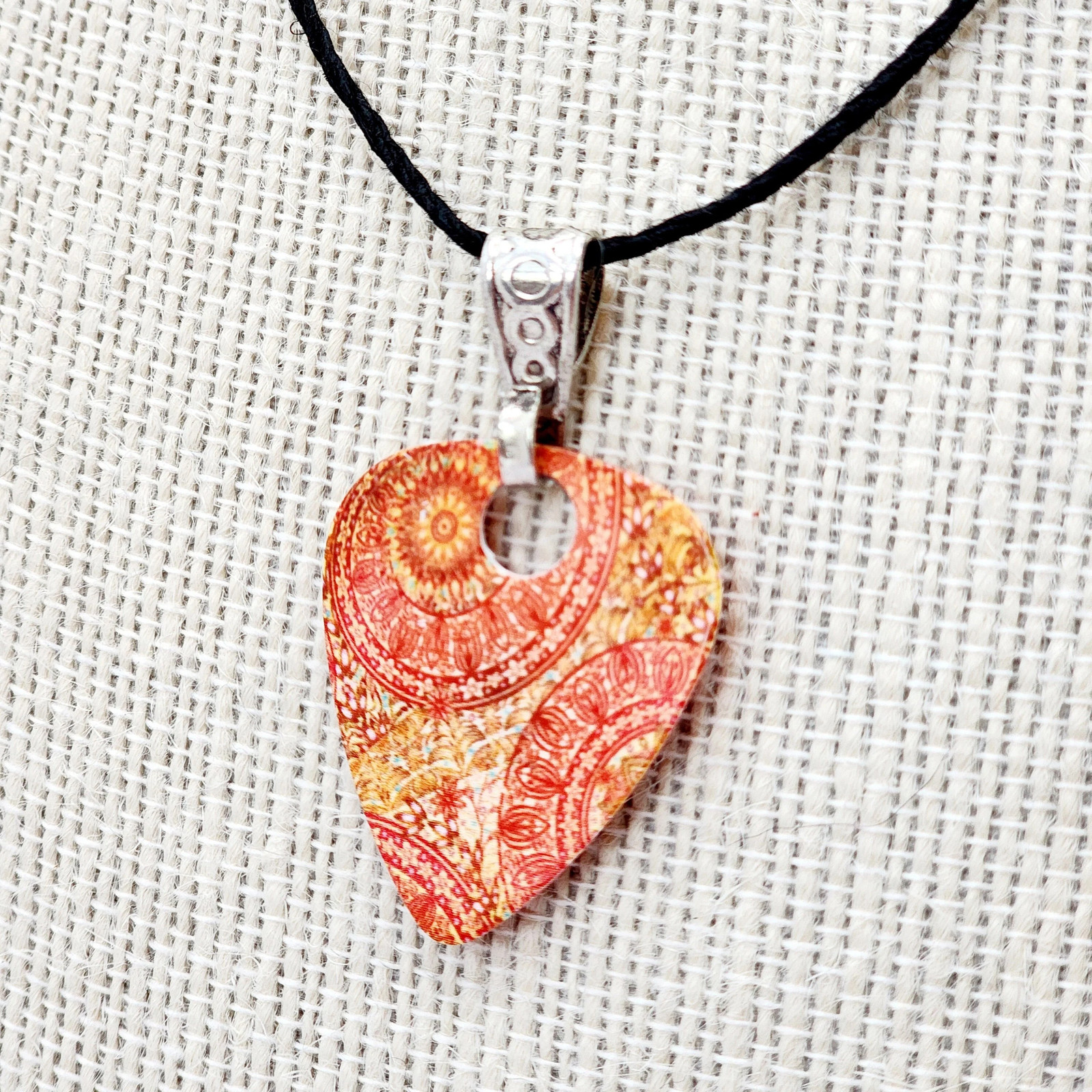 Handmade Orange Mandala Guitar Pick Necklace Black Cord Pendant Boho Jewelry
