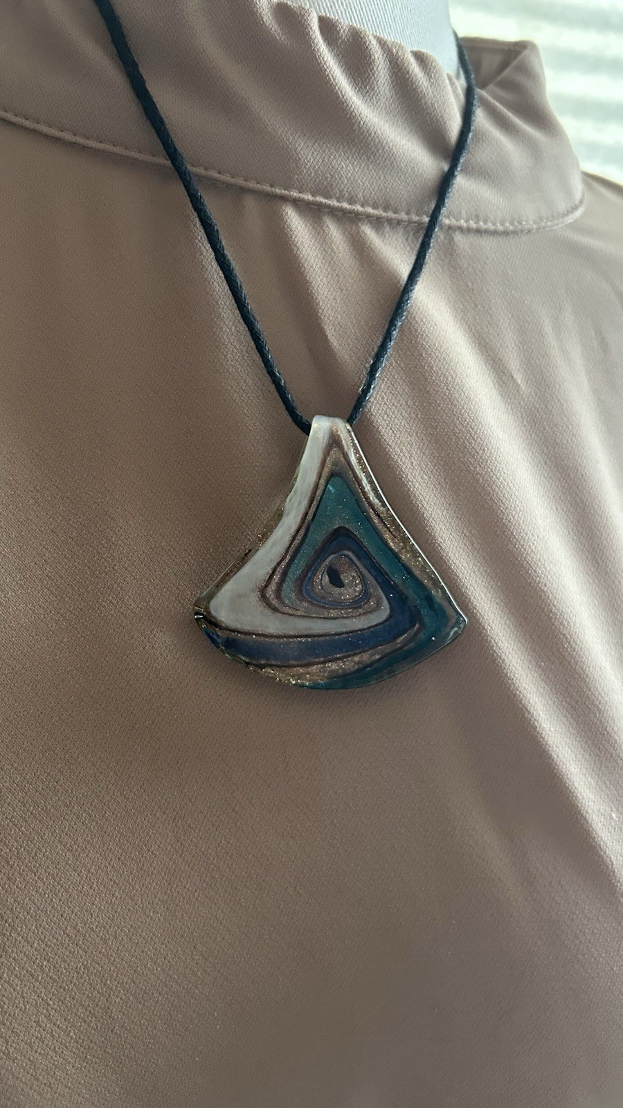 Artisan Glass Pendant Necklace Asymmetrical Blue White Cord Lobster Claw