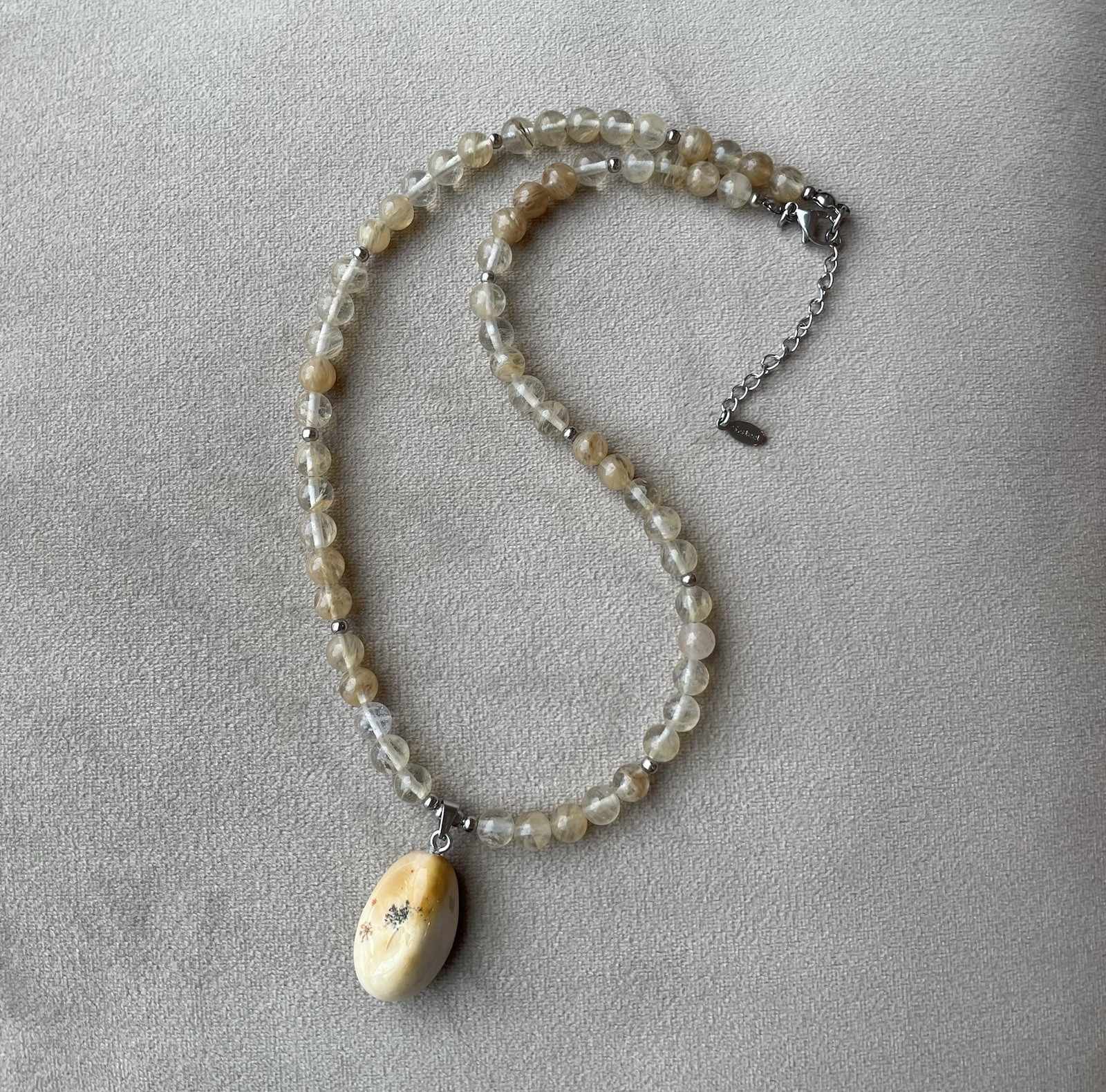 YELLOW DENDRITE OPAL & Watermelon QUARTZ Pendant Unisex Necklace 17.5”