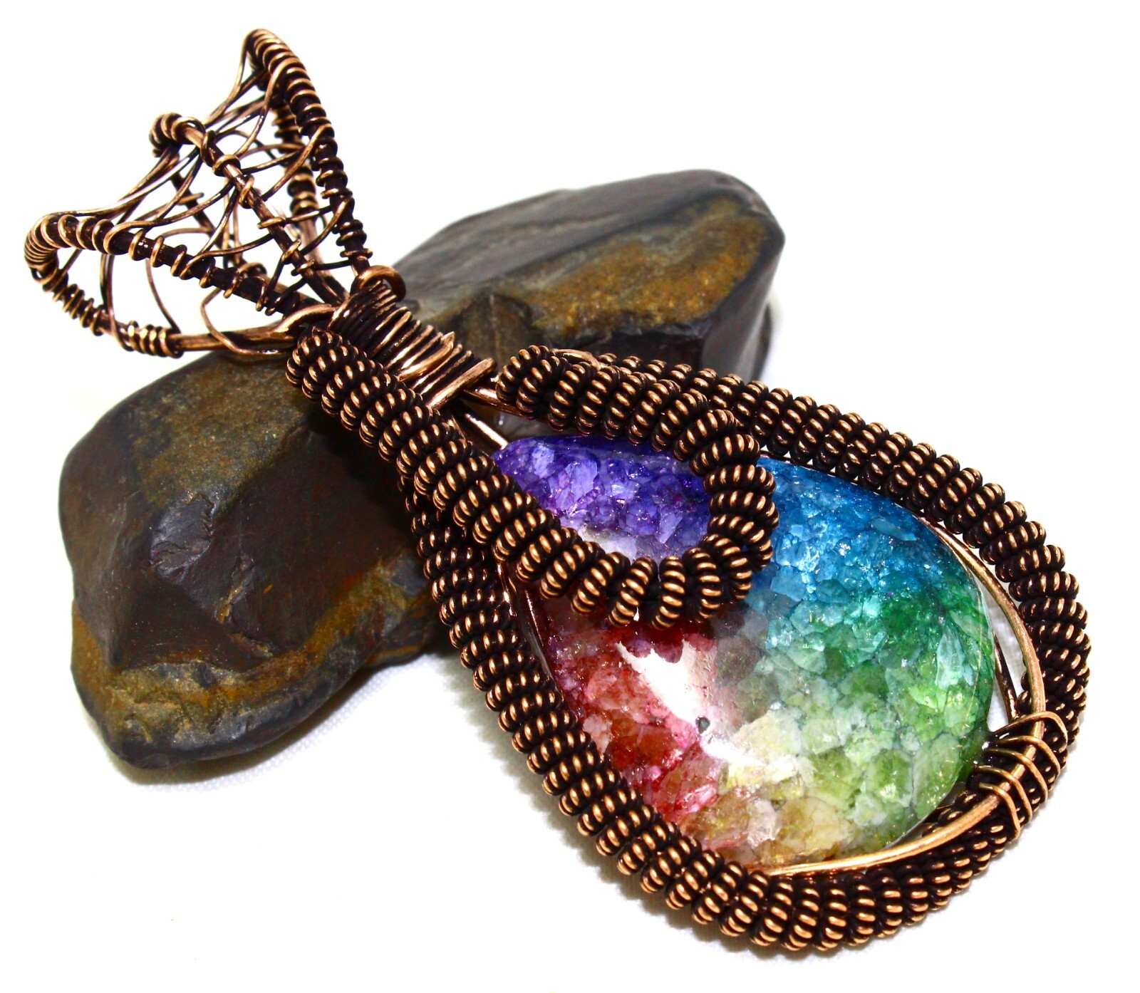 Natural Solar Quartz Copper Wire Wrapped Pendant Handmade Gemstone Jewelry