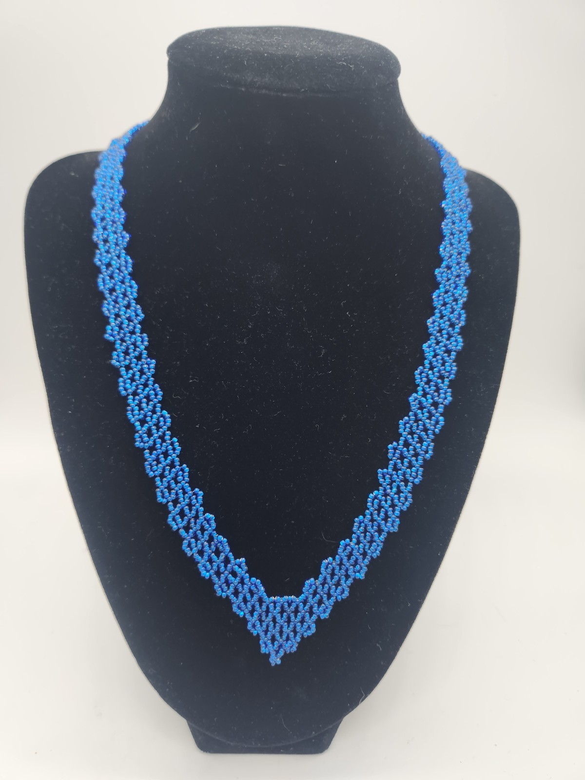 Handmade Blue Seed Bead Necklace V-Shaped Woven Design Toggle Clasp 1