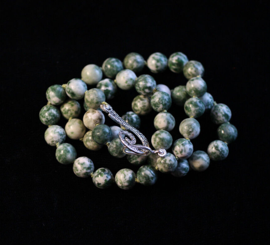 Moss Agate Green & White Natural Gemstone 8mm Ball Silk Knotted Necklace 19″