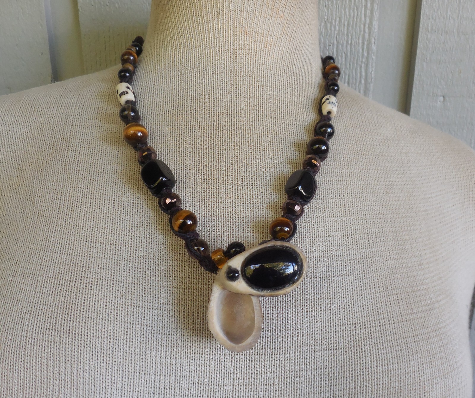 Secret Stash Onyx Antler Hemp Adjustable Necklace Tigers Eye Smoky Quartz Beads