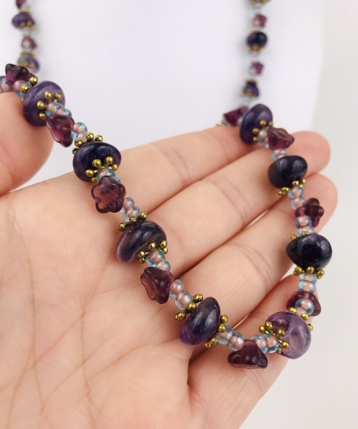 Amethyst Stone Molded Glass Flower Bead Necklace Strand 29.5″ Purple Bohemian