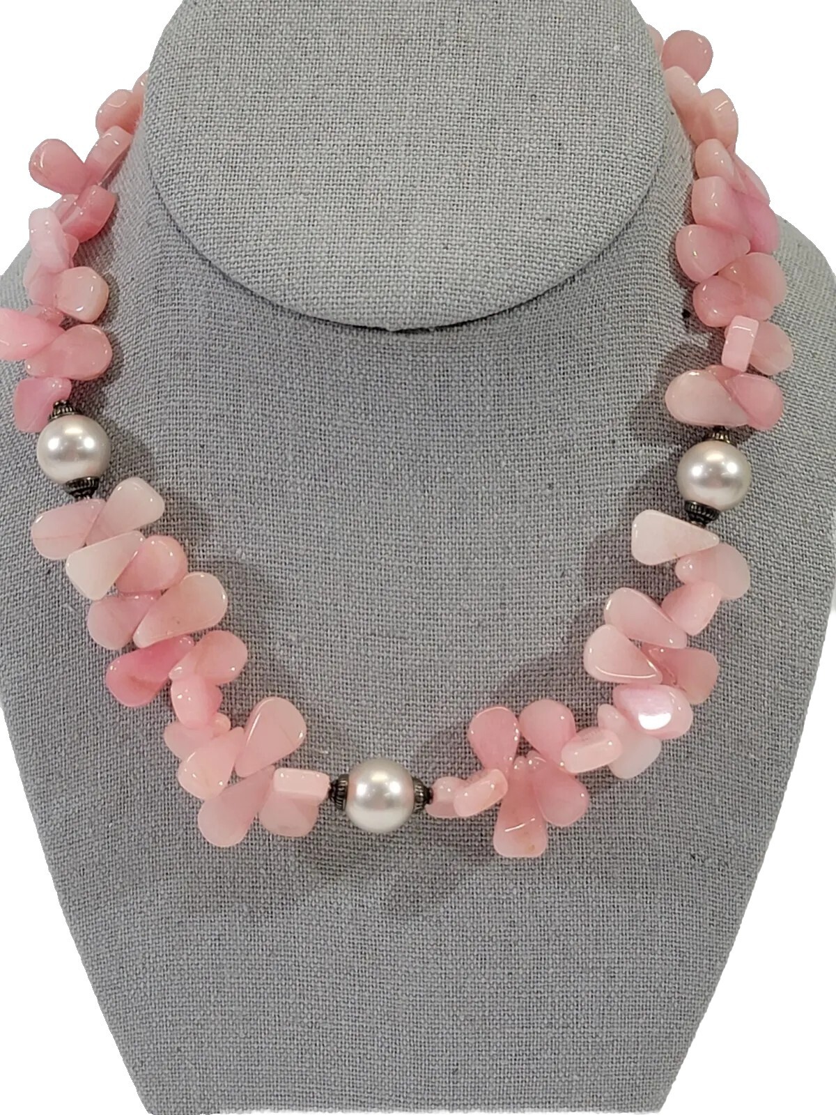 Pink Quartz Tear Drop Faux Pearl Beaded Statement Necklace 16.5″ Jewelry EUC