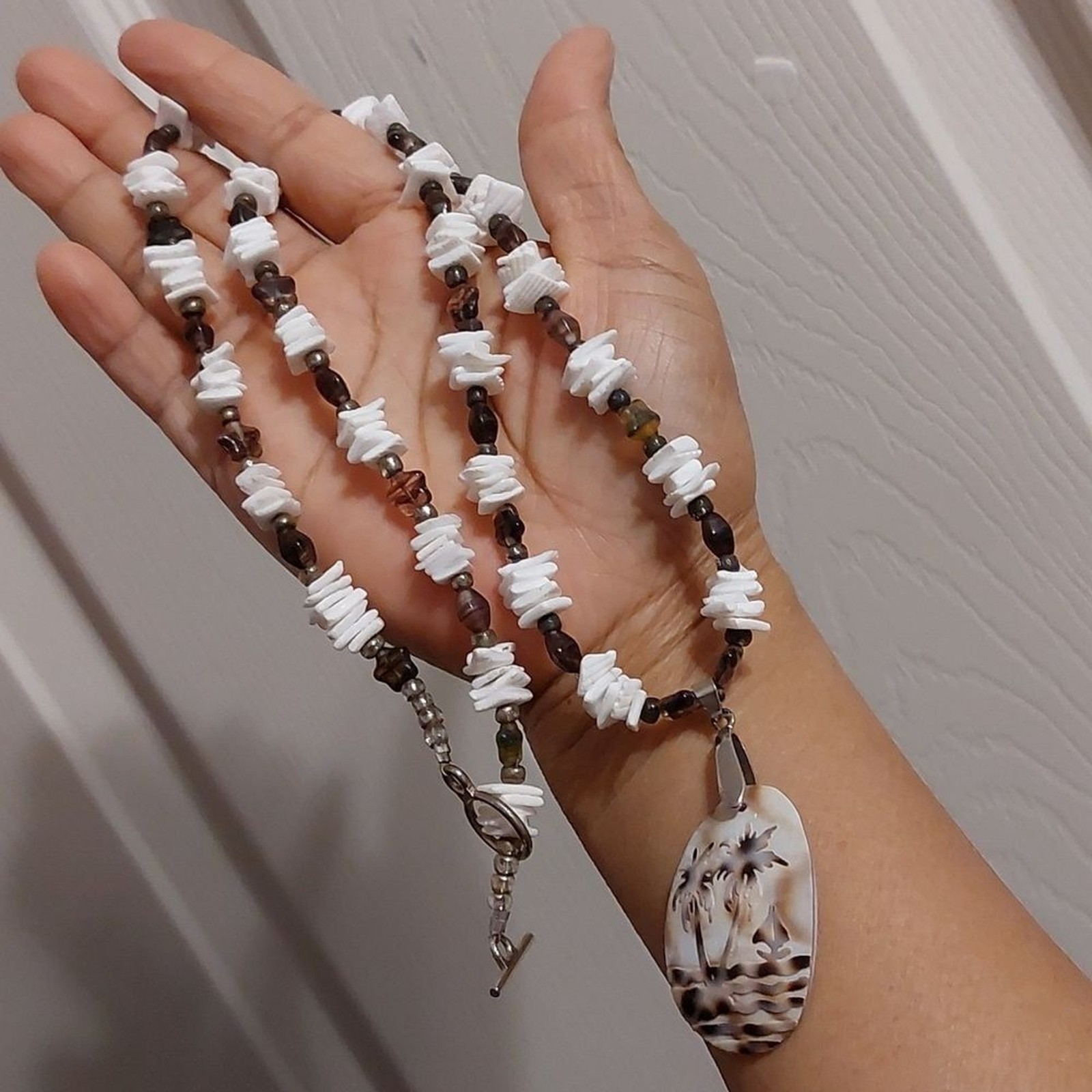 Carved Shell Tropical Island Pendant Long Beaded Necklace Toggle Clasp