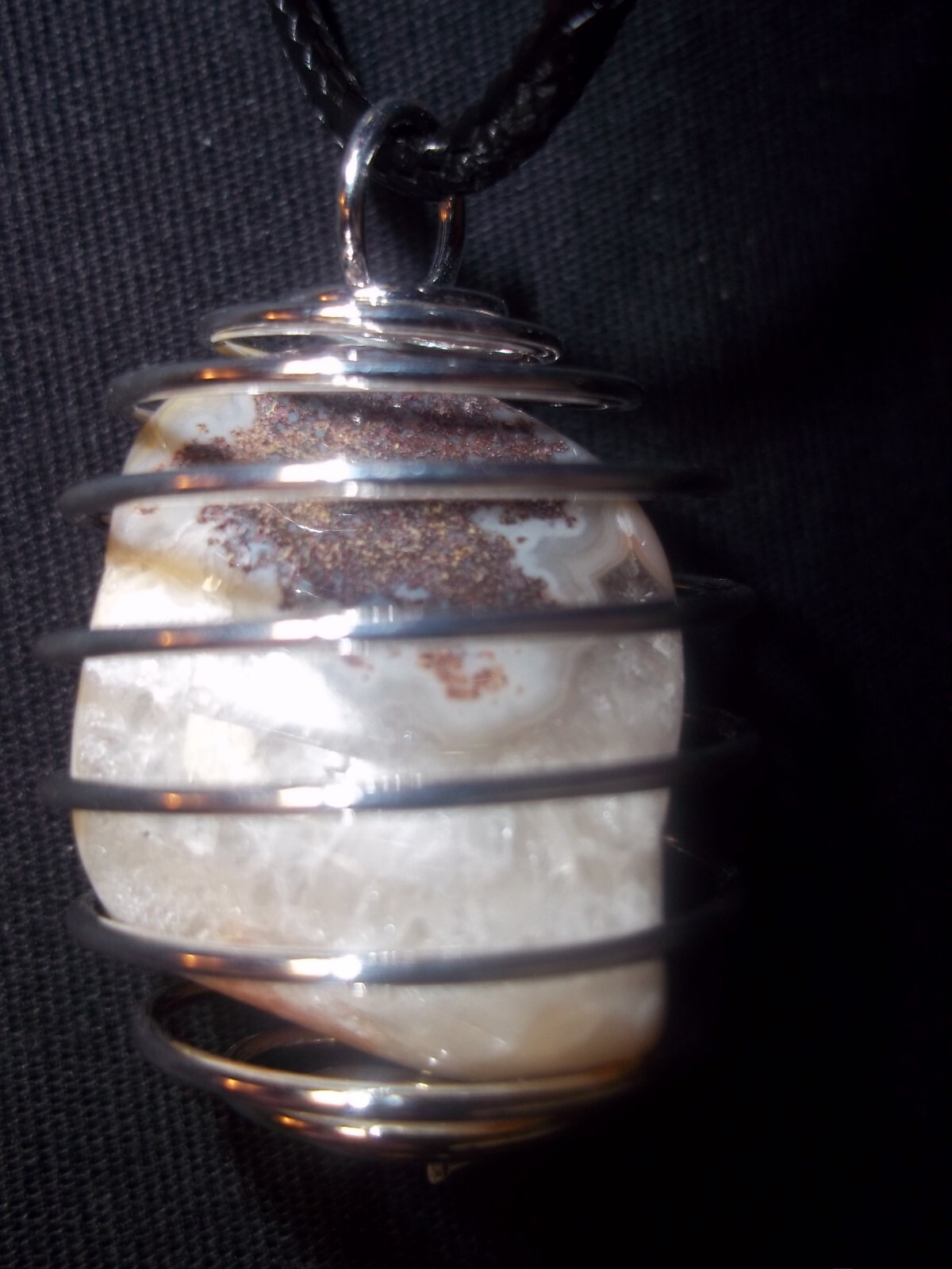 Wire Wrapped Polished Lake Superior AGATE on 24 inch Black Cord Necklace A-176