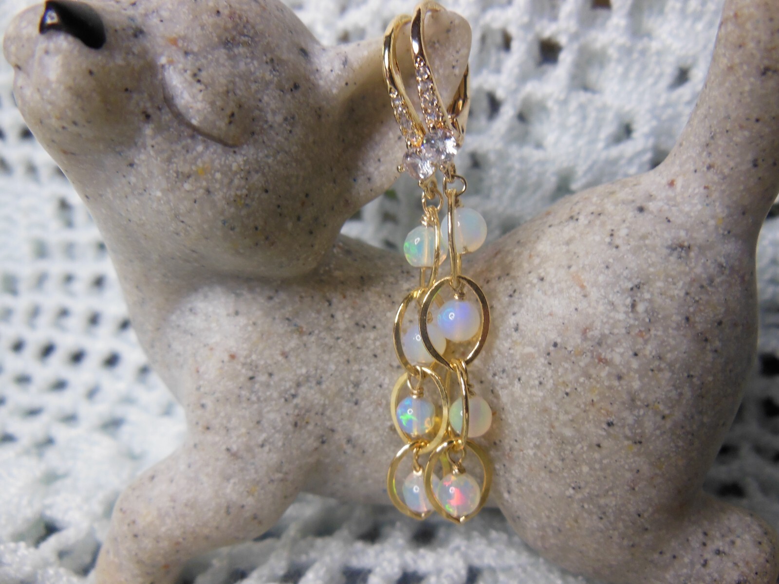 White Opal Cubic Zirconia Earrings Handmade Gold Filled 1.14″