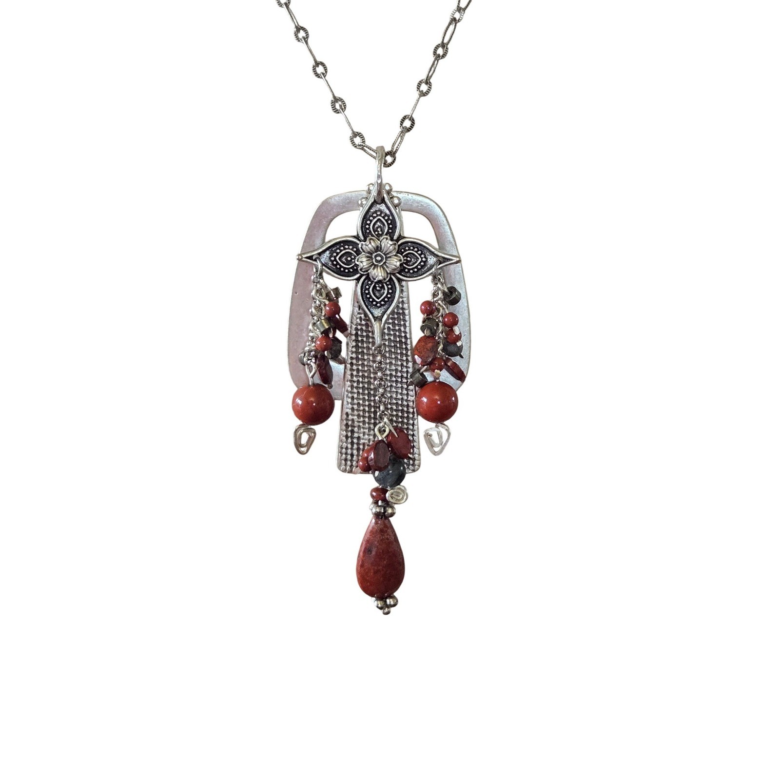 Artisan Red Jasper & Bali Silver Pendant Necklace Boho, Art to Wear, Jewelry