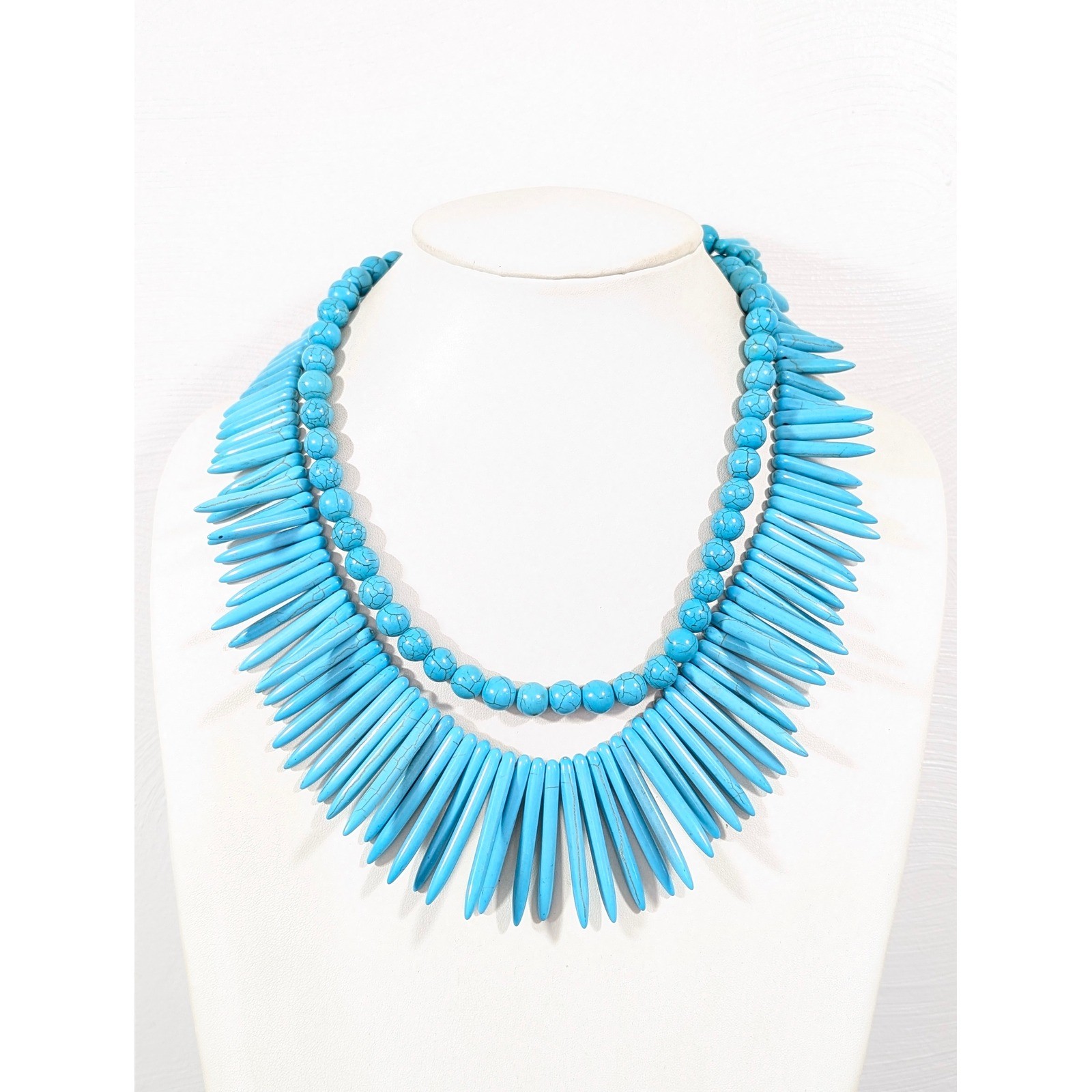 Heavy Faux Turquoise Fringe Necklace 23″ Western Boho Statement