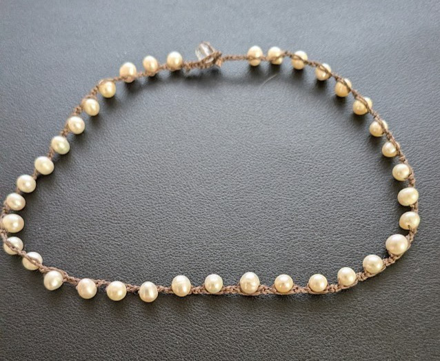 Hand Strung Pearl Necklace 16″ Boho Cream Beaded Knotted Cord Choker Gift Artist