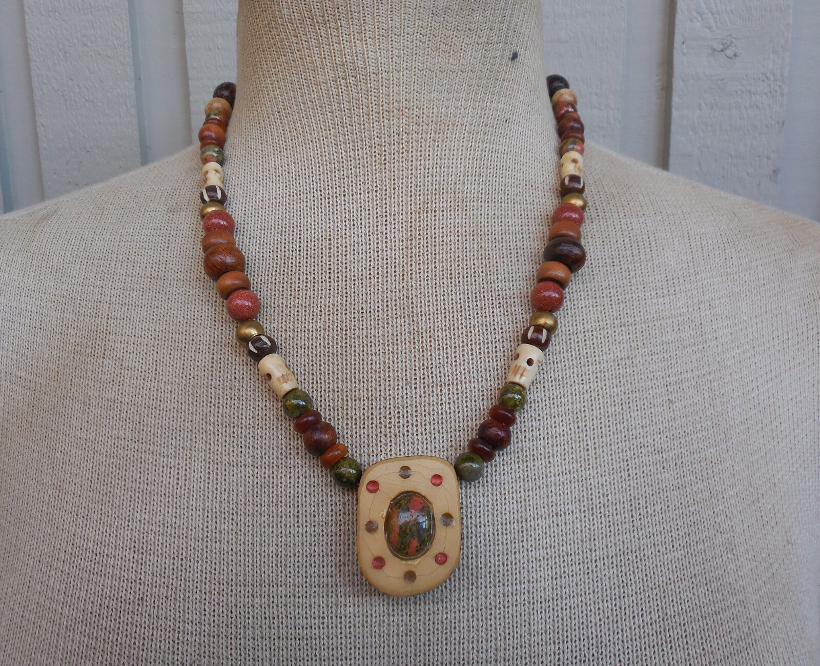 Goldstone Unakite Tagua Reversible Adjustable Necklace Gemstone Bone Skull Beads