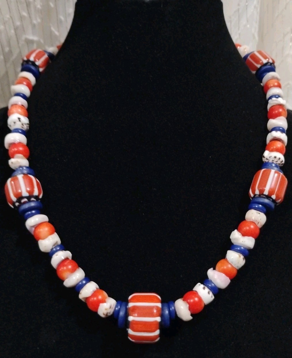 Glass Tribal And Red Coral Puka Shell Beaded Necklace 925 Closure