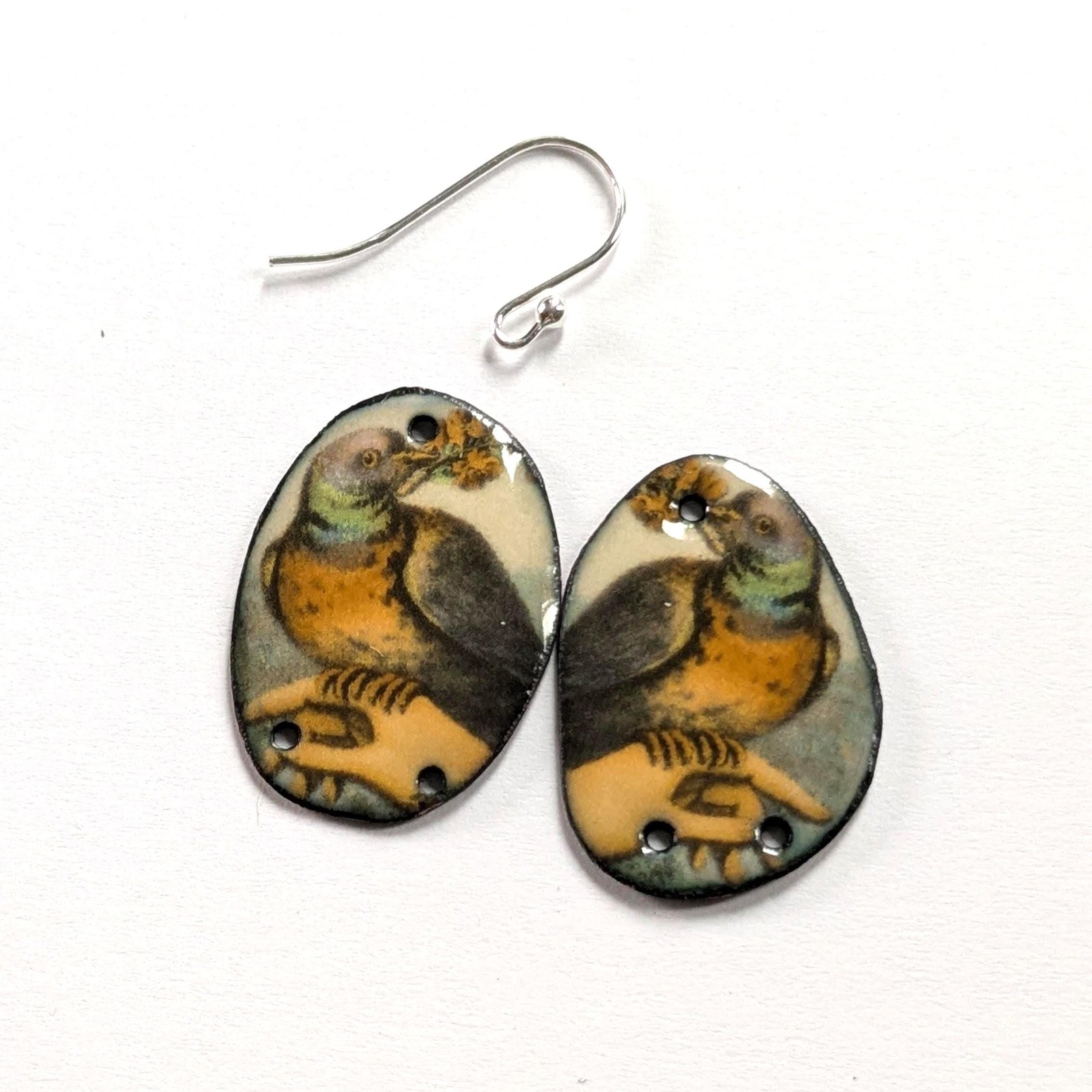 Enameled Copper Charms Asymmetrical Pair Victorian Birds on Hand (18380)