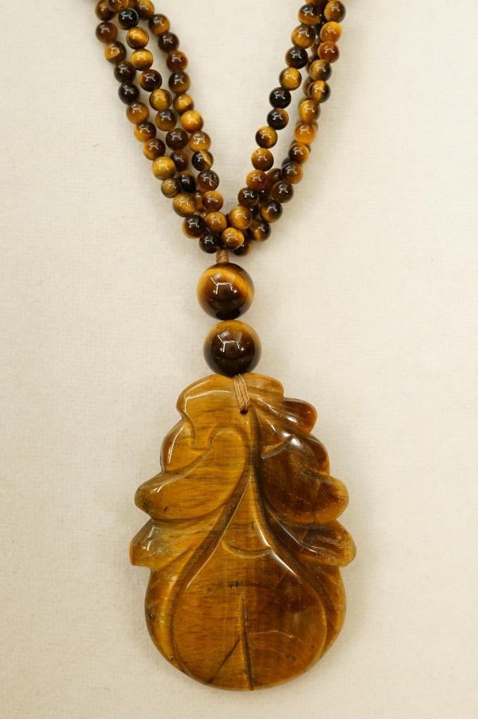Artisan Crafted Jewelry Tigers Eye Gemstone Beaded 28″ Carved Statement Necklace
