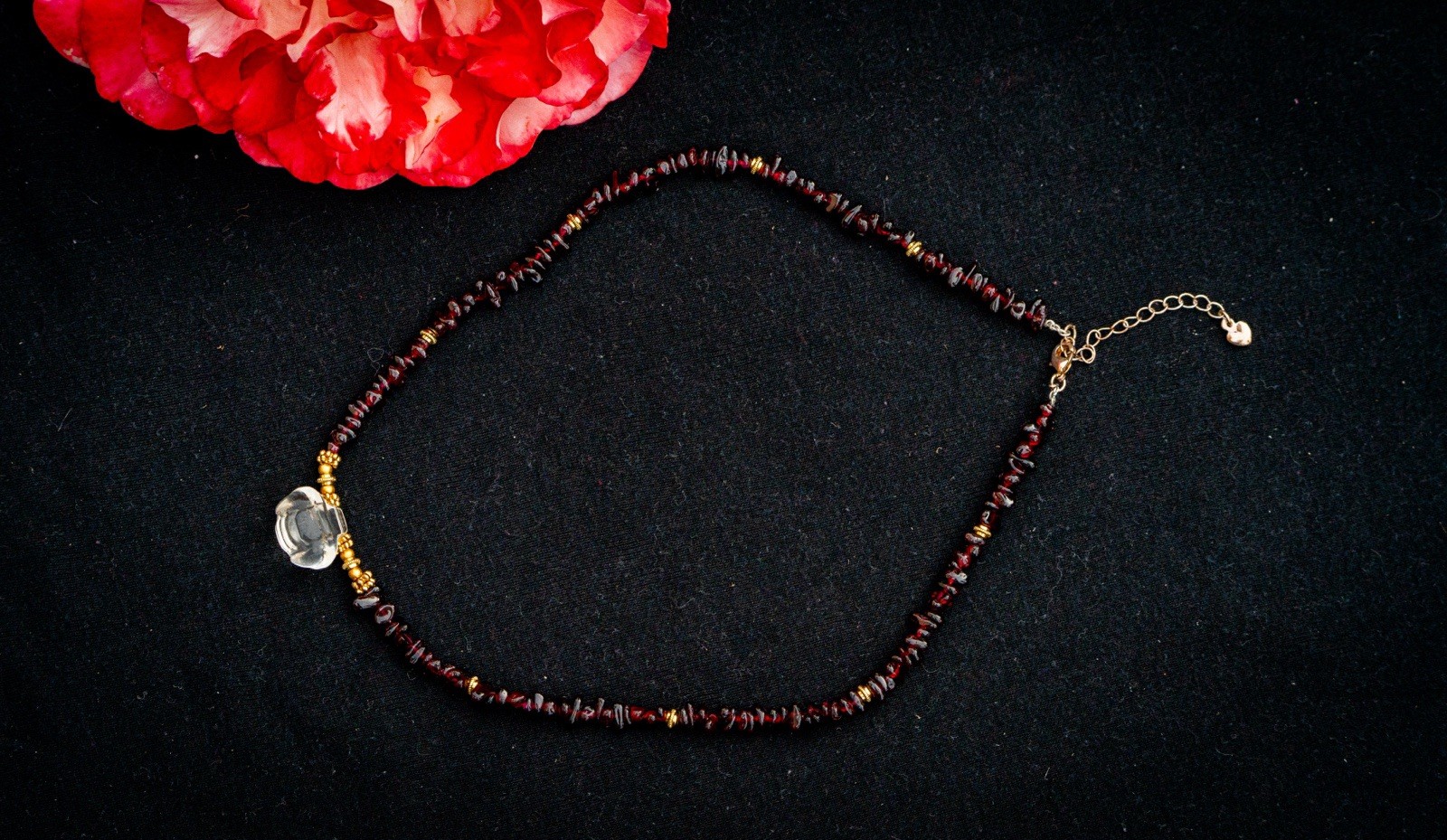Handmade Garnet Necklace & Glass 15.75 Dark Red Beaded Gold Gothic Boho Vintage