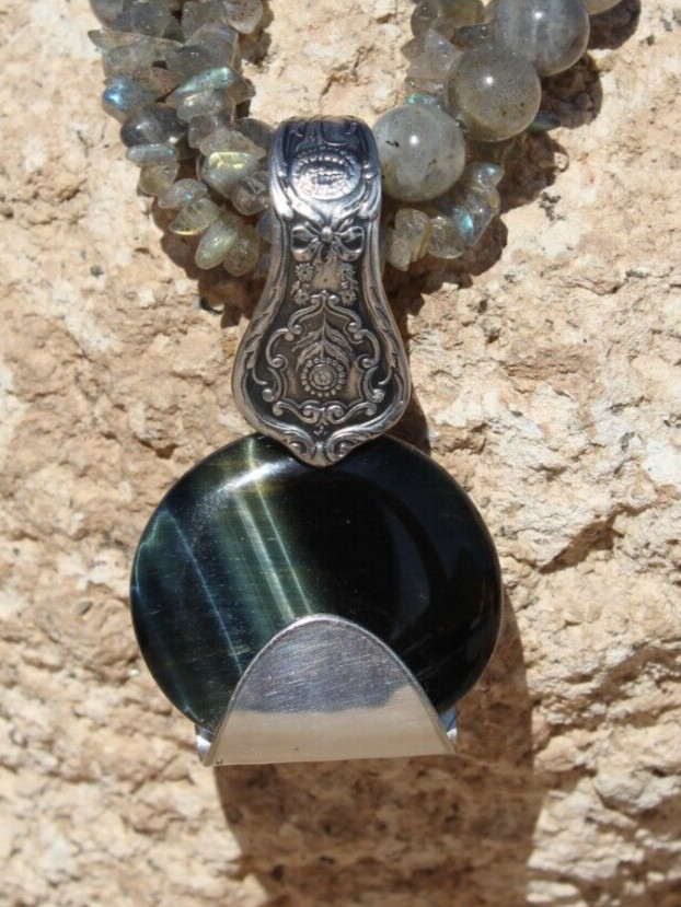 Black Tiger’s Eye Pendant. Setting is a Vintage Silver-Plated Demitasse Spoon.