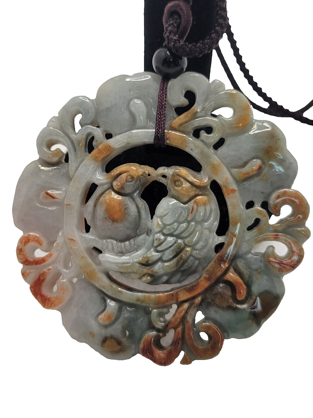 Hand Carved Jadeite Jade Pendant Red Green Love Birds Flowers Certified Grade A