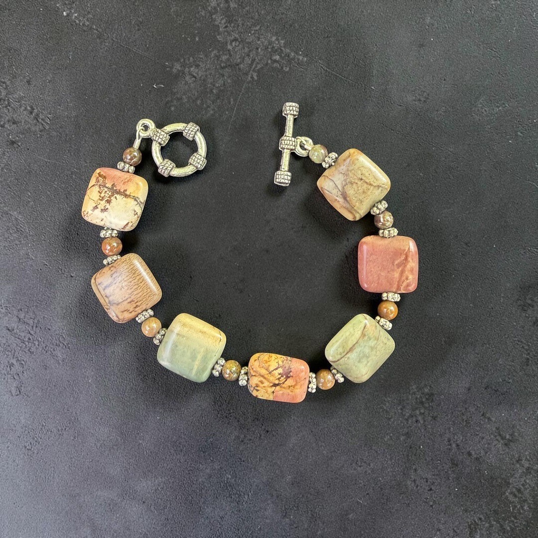 Vintage Jasper Stone Bracelet Earthy Square Beads W/ Toggle Clasp Handmade 7.5”