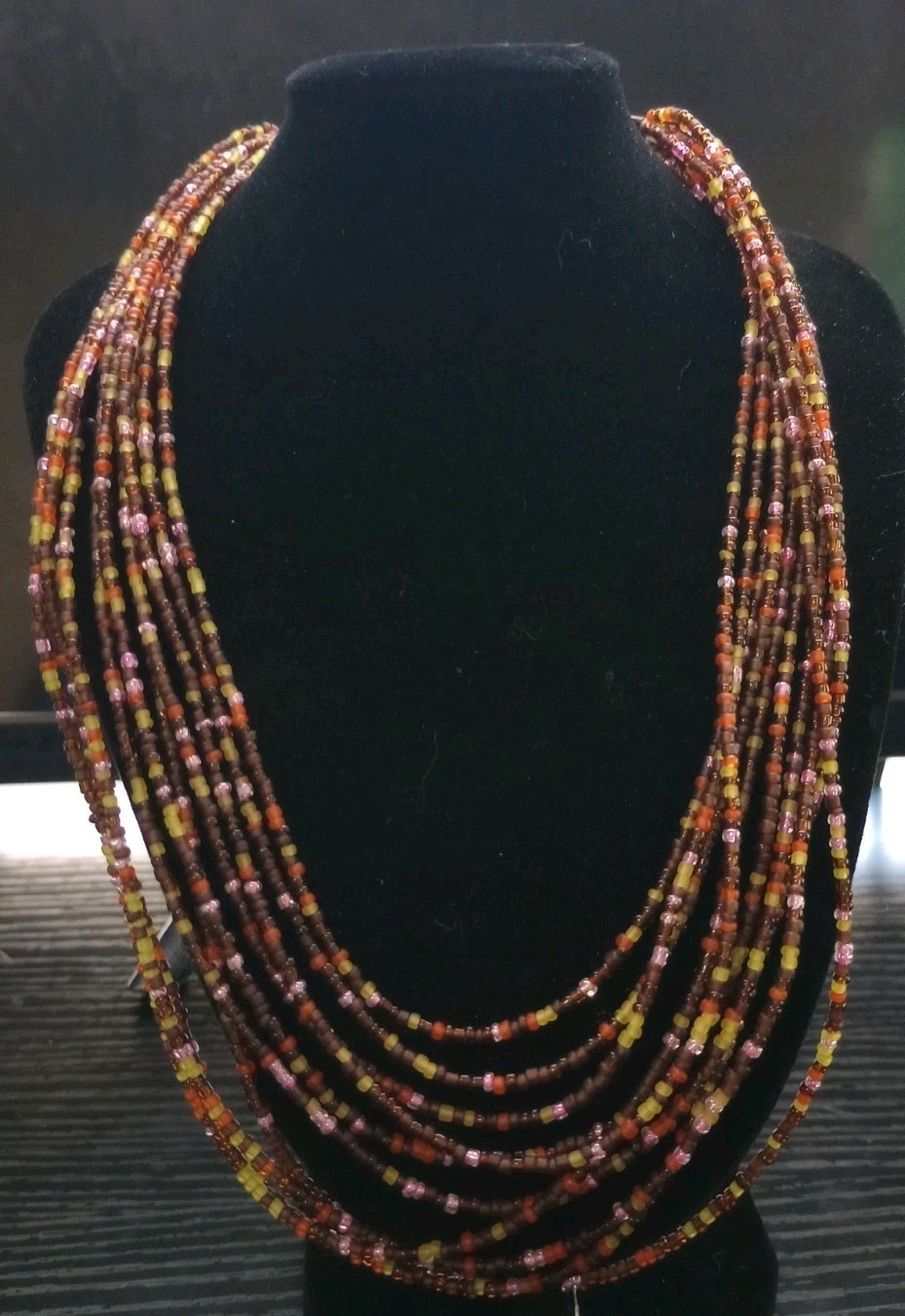 Handmade Multi Strand Seed Bead Necklace Brown Amber Pink Boho Statement Layered