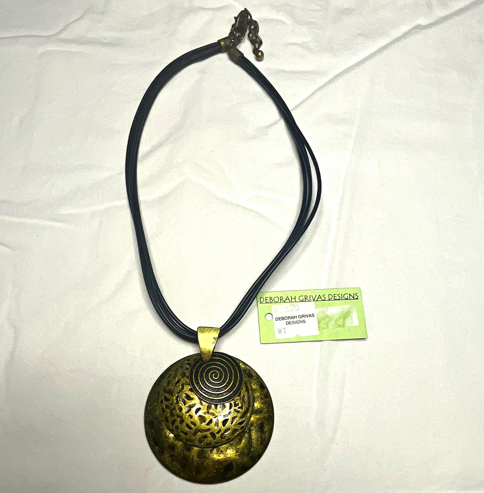 Deborah Grivas Designs Brass Round Disc Pendant Necklace Black Cord K1625
