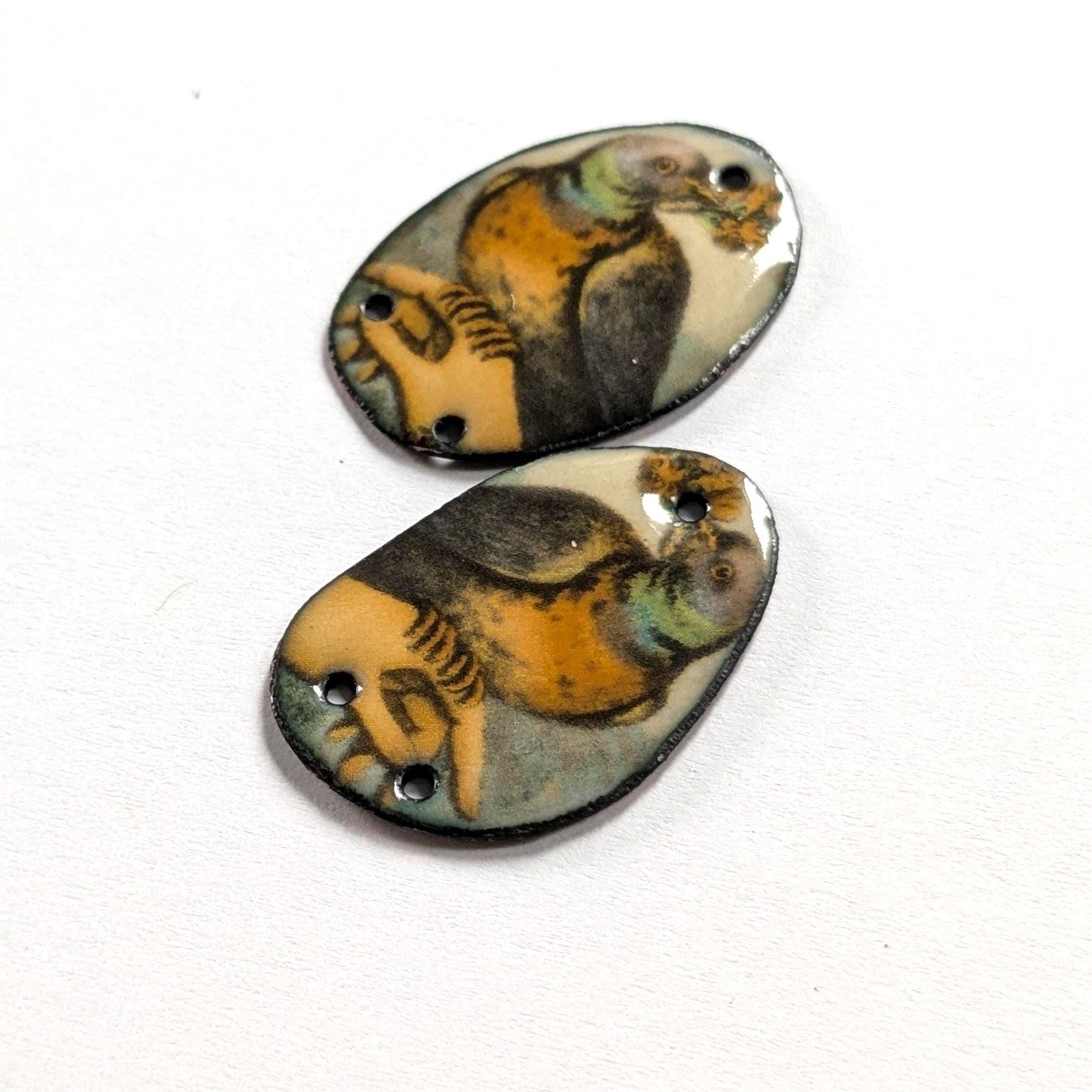 Enameled Copper Charms Asymmetrical Pair Victorian Birds on Hand (18380)