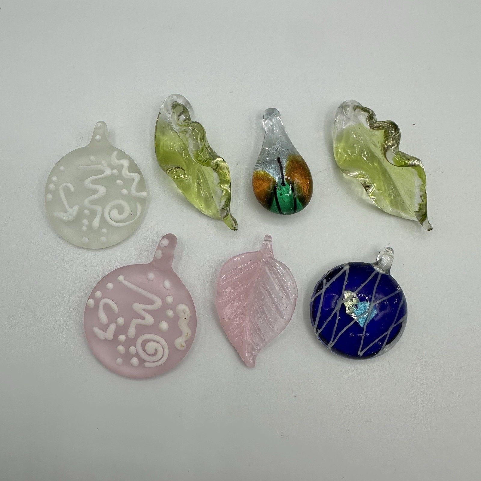 7 Blown Art Glass Pendants Leaves & Abstract Jewelry Craft Green Pink Blue