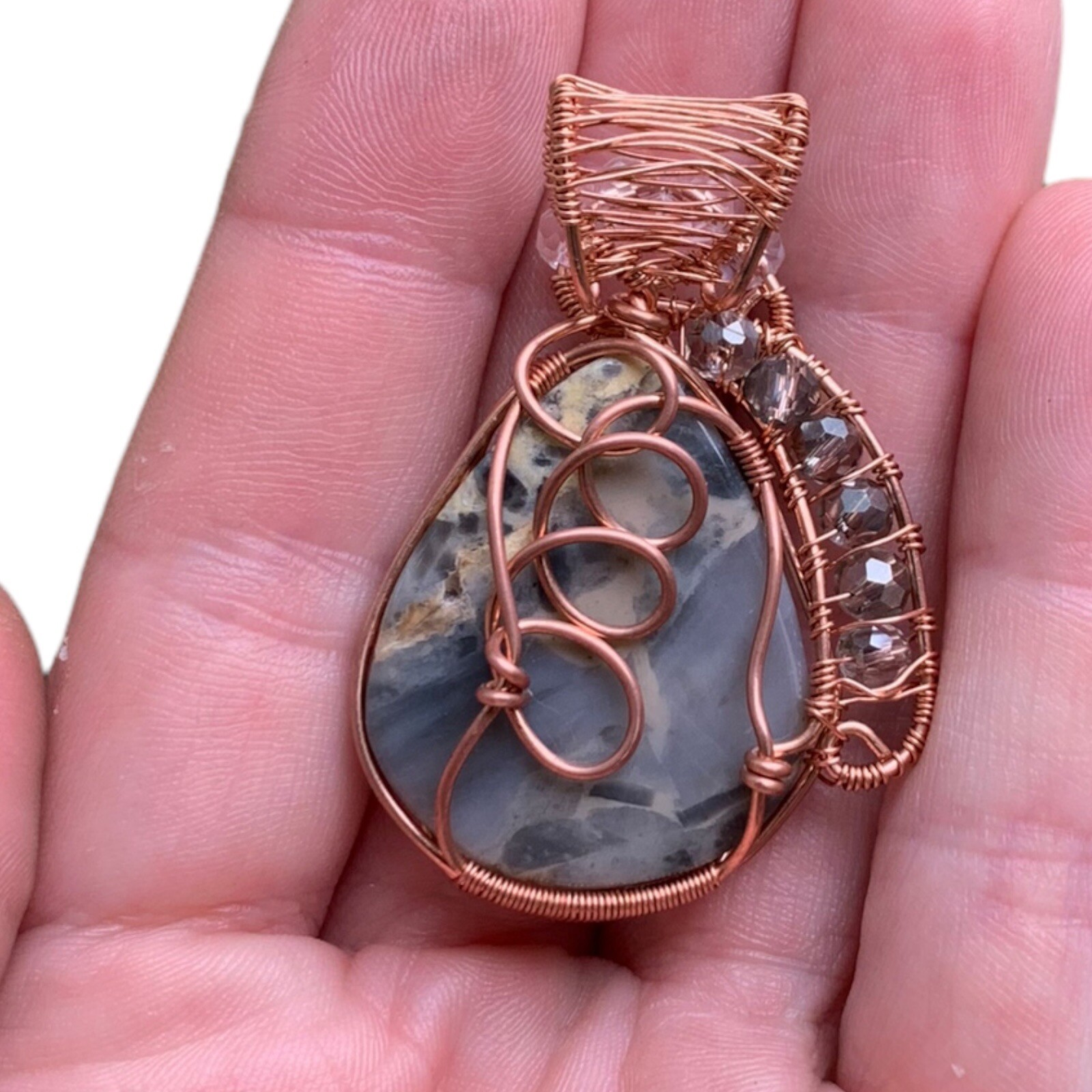 Picasso Jasper Copper Wire Wrap Pendant with Clear & Smoky Quartz Jewelry