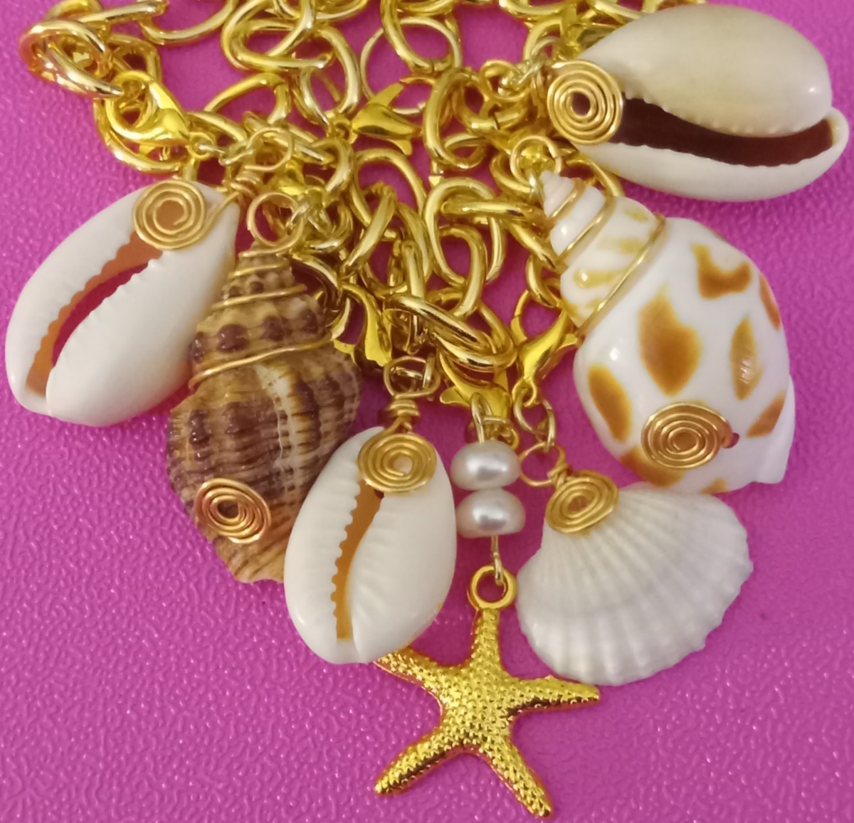Gold Wire Wrapped Sea Shell Beach Ocean Clip Charm Pendant 4 Bracelet/Necklace