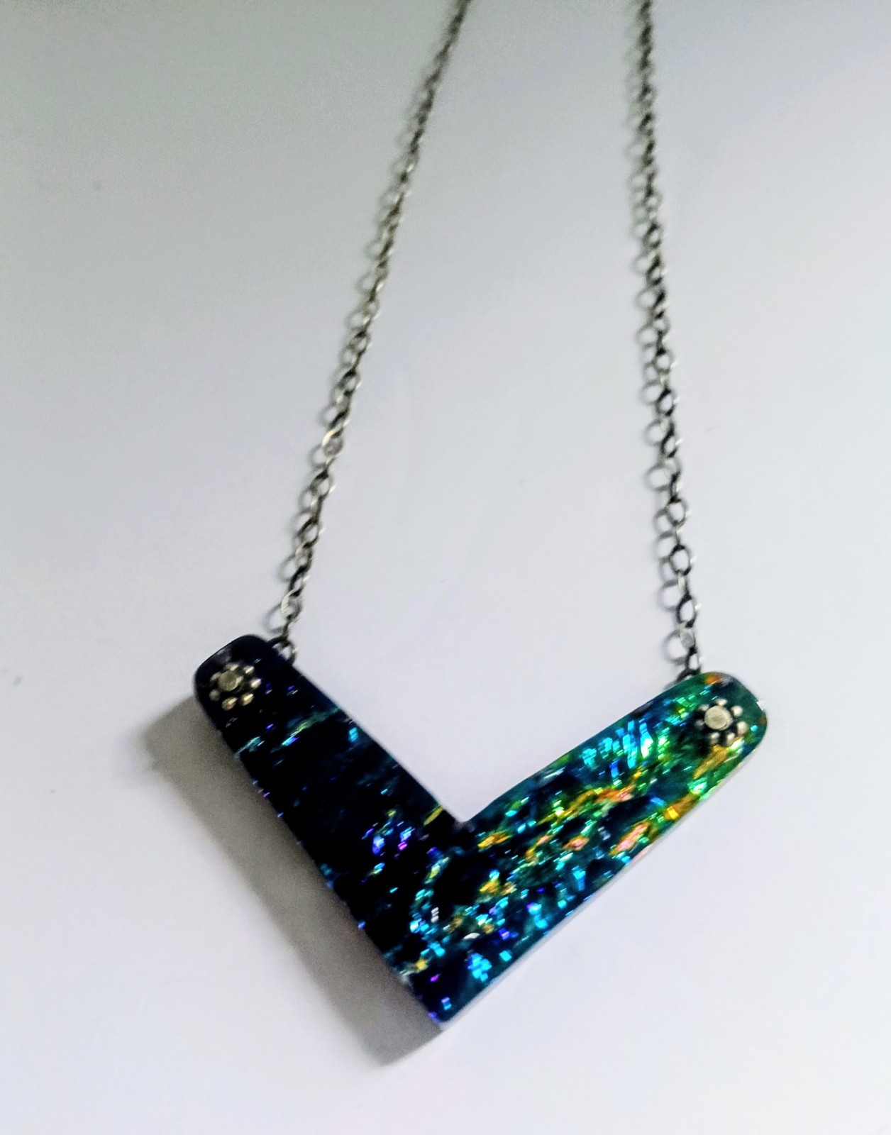 Dichroic Green And Blue Glass Pendant On 18 Sterling Silver Chain Necklace