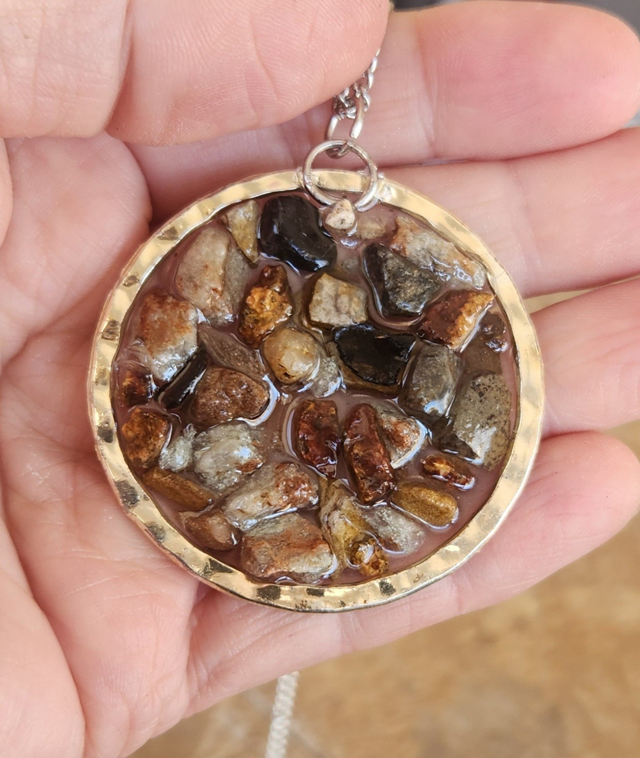 Artisan Natural River Stones Necklace Resin Pendant Framed Ancient Utah Rocks