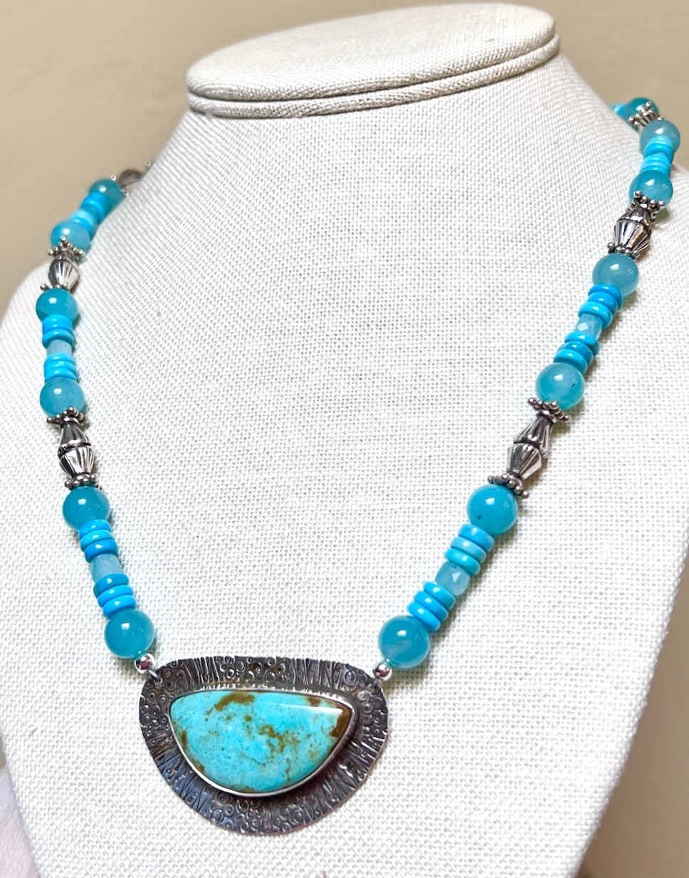 Wonderful EON Designer Sterling Silver, Turquoise And Amazonite Ornate Necklace