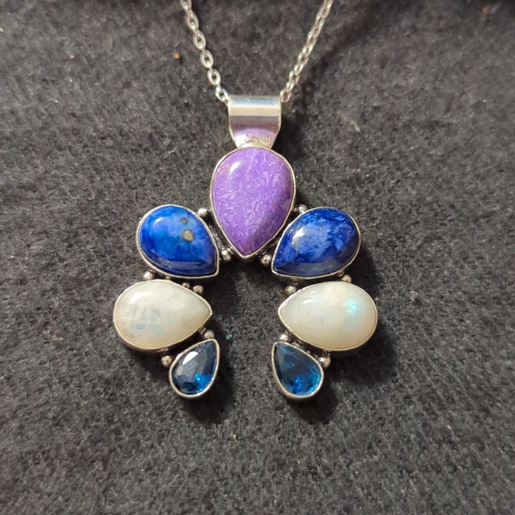 Silver Plated Purple Charoite Blue Lapis White Moonstone Gemstone Naja Pendant