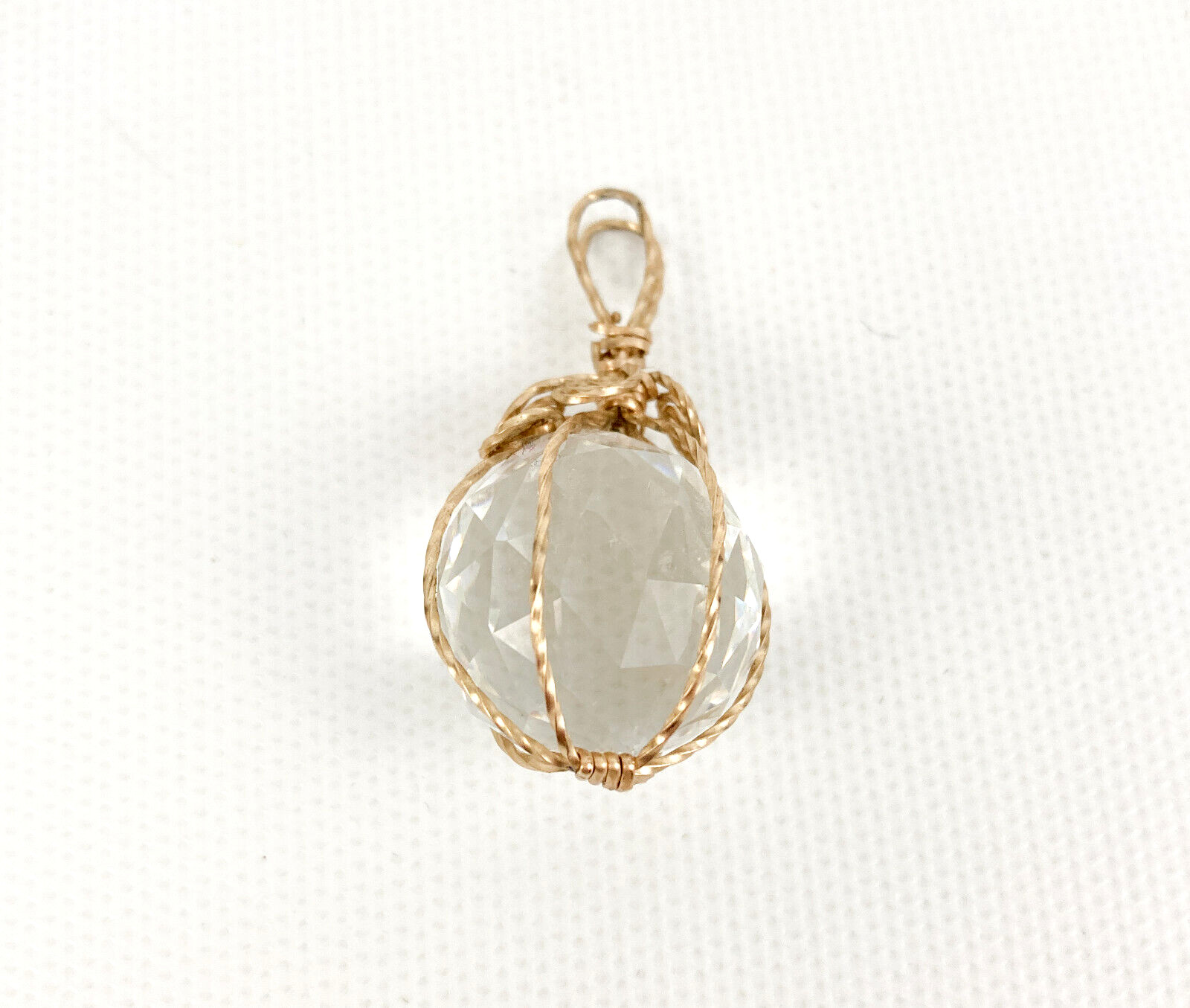 Round Clear Faceted Crystal Orb Gold Wire Wrapped Pendant