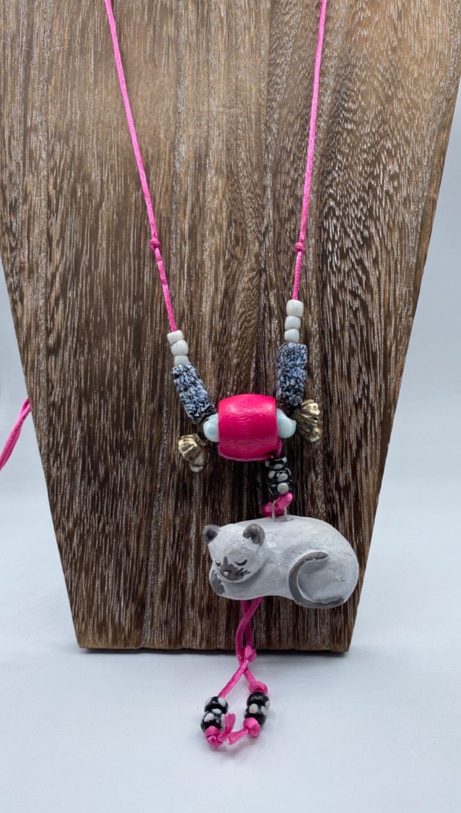 Handmade Clay Cat Pendant Necklace with Pink Cord Assorted Beads and Bells