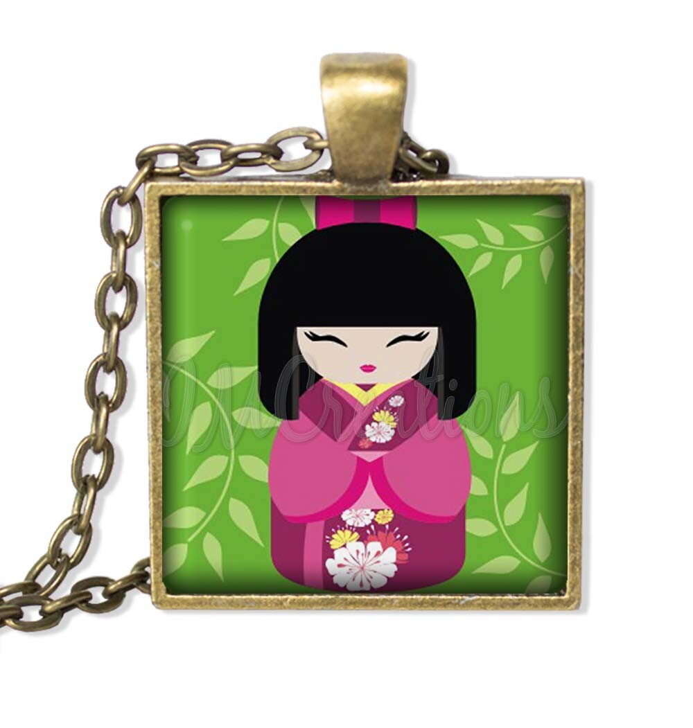 Japanese Kokeshi Doll Pink Kimono – SQUARE Glass Pendant Necklace 25mm
