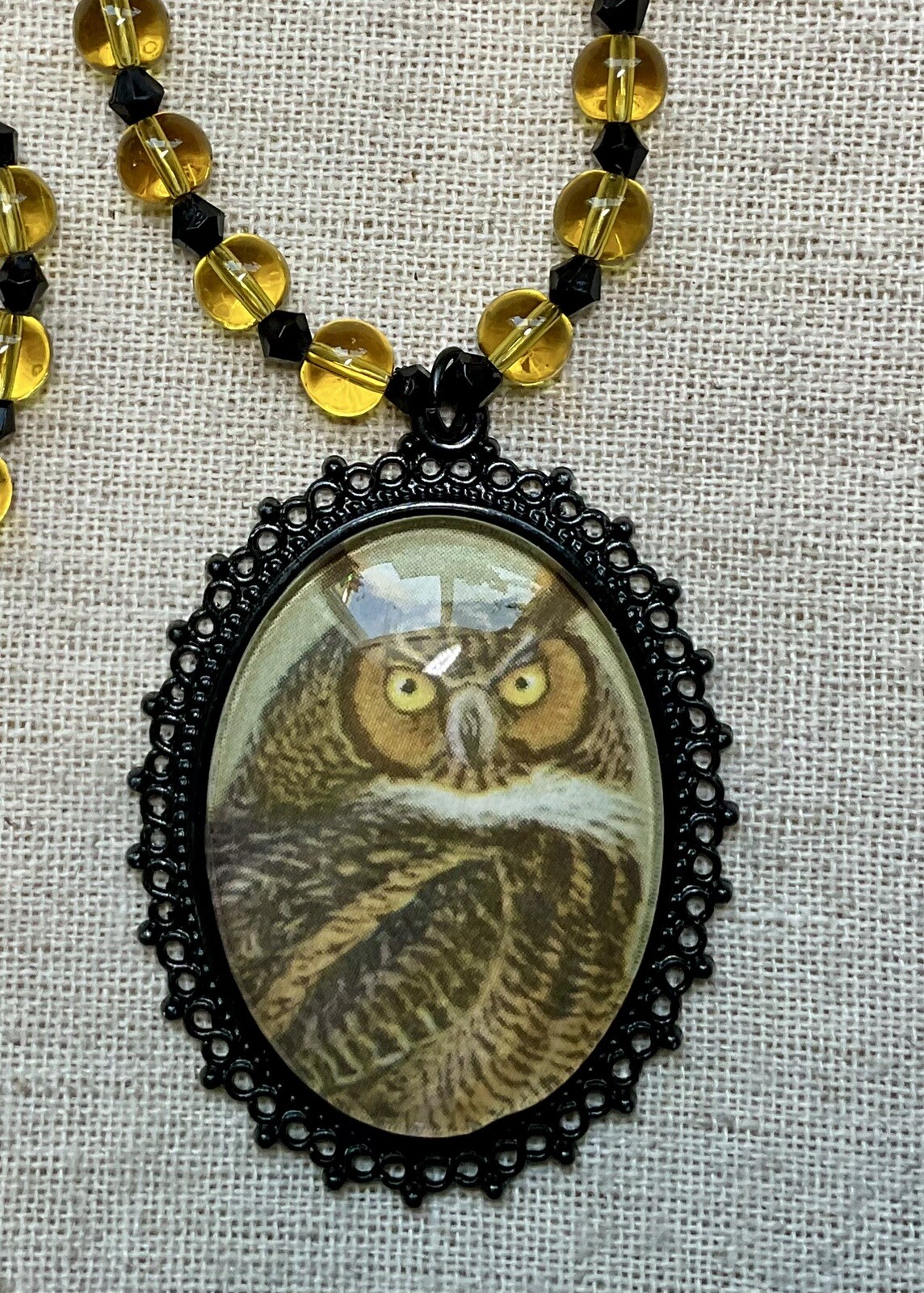 Owl Necklace- Vintage Owl Image Cameo, Black & Gold Glass Beads, 20”