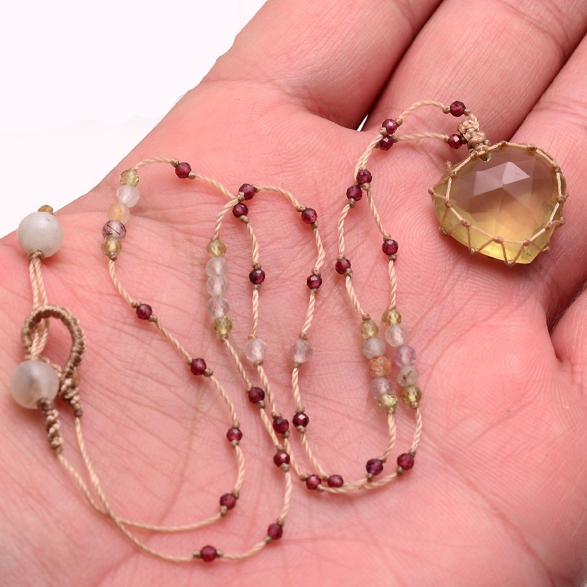 Natural Lemon Citrine Checker Cut Boho Reiki Handmade Macrame Beaded Necklace