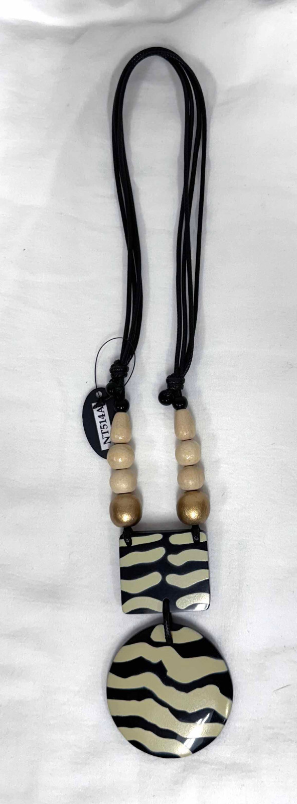 Alisha D Acrylic Resin Pendant Multi Strands Cord Handmade Necklace Black Cream