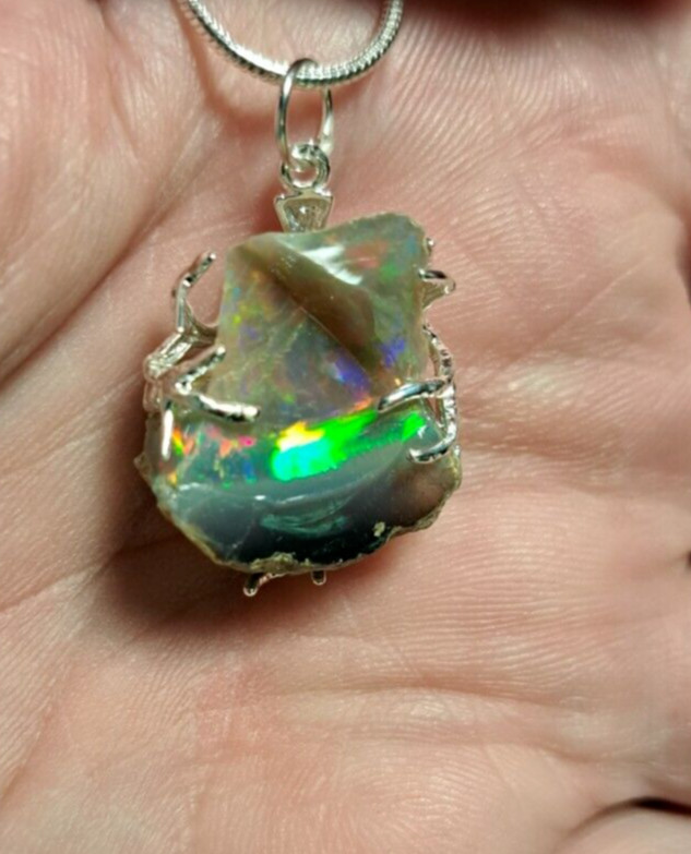 Unique Dark Ethiopian Welo Opal Rough Pendant Silver Plated Tree Branch Wrap