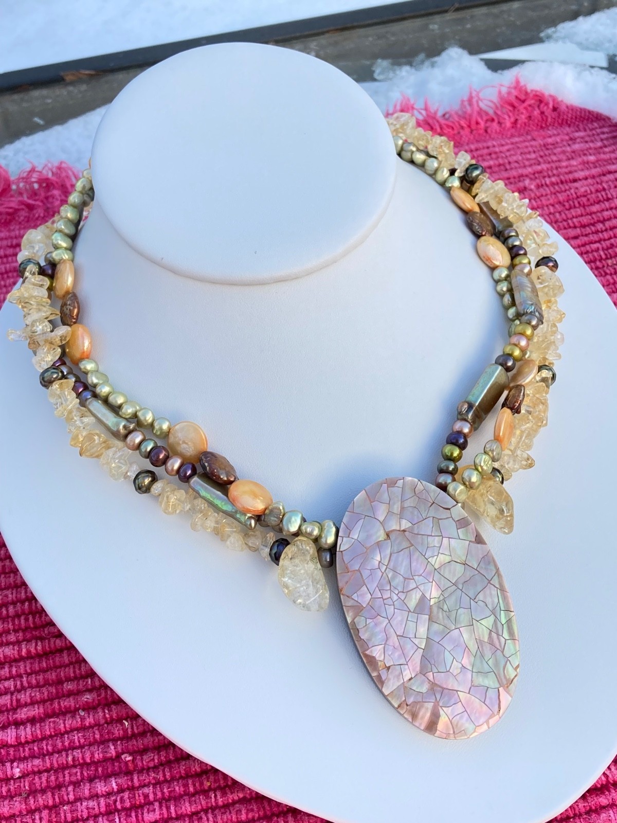 Triple Strand Multi-Color Pearl Citrine Crystal & MOP Inlay Pendant Necklace