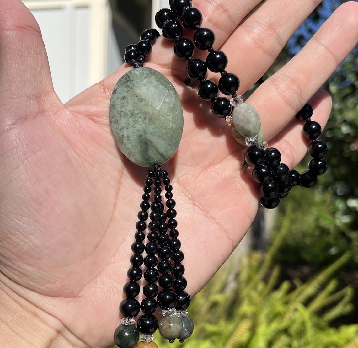 MOSS AGATE PENDANT 29X38MM ON BLACK ONYX BEADED NECKLACE 17 INCH HANDMADE