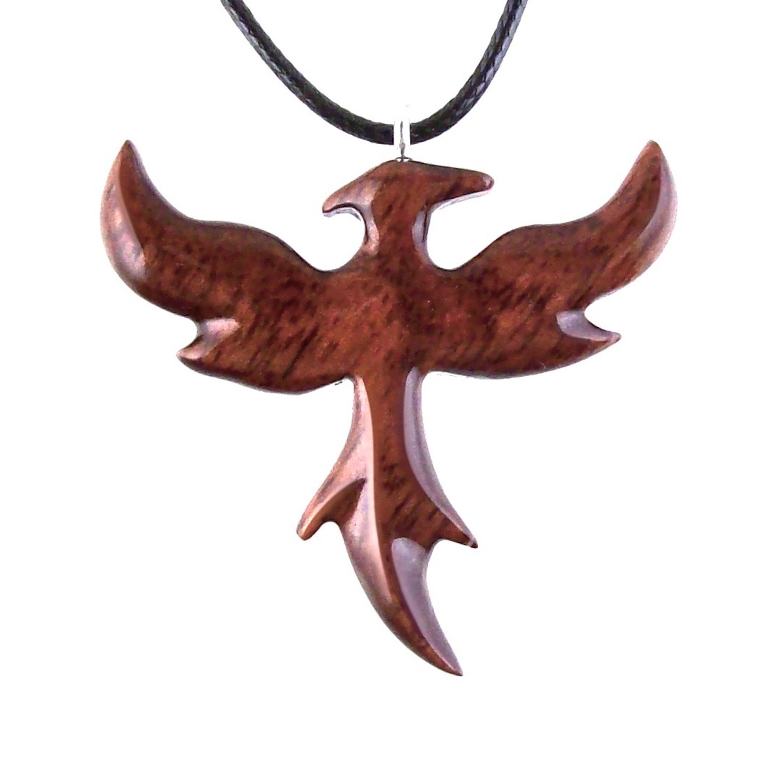 Rising Phoenix Necklace Pendant – Hand-Carved Fantasy Wooden Bird Jewelry